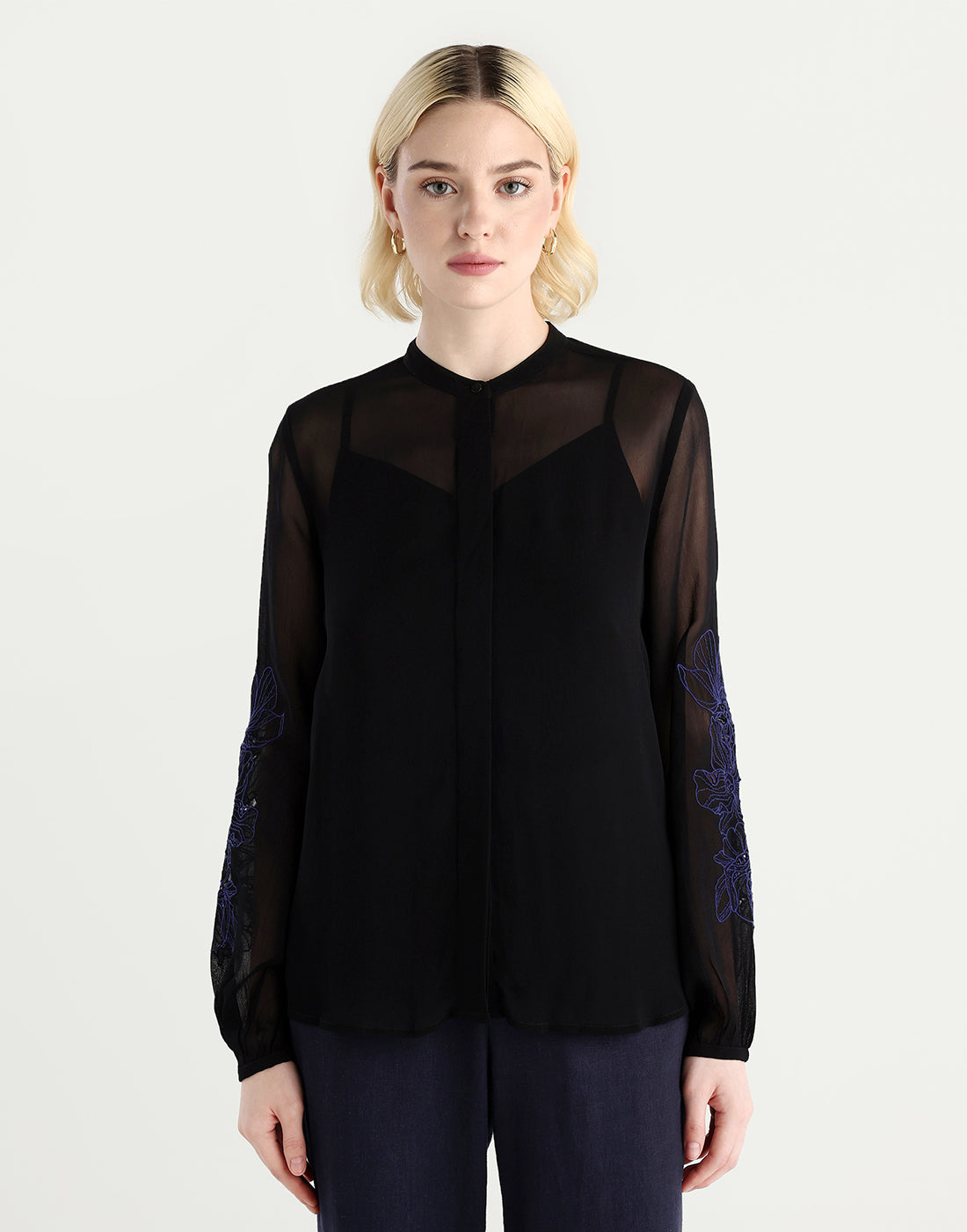 Rareism Women's Nux Black Viscose Full Sleeve Mandarin Collar Regular Fit Top