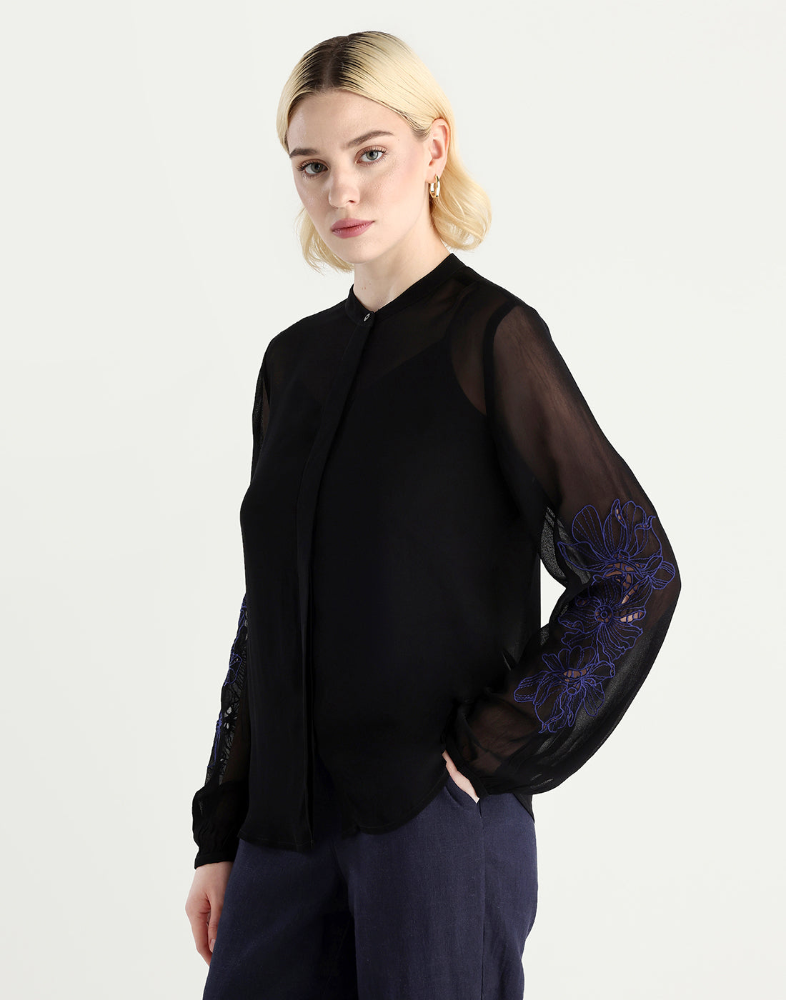 Rareism Women's Nux Black Viscose Full Sleeve Mandarin Collar Regular Fit Top