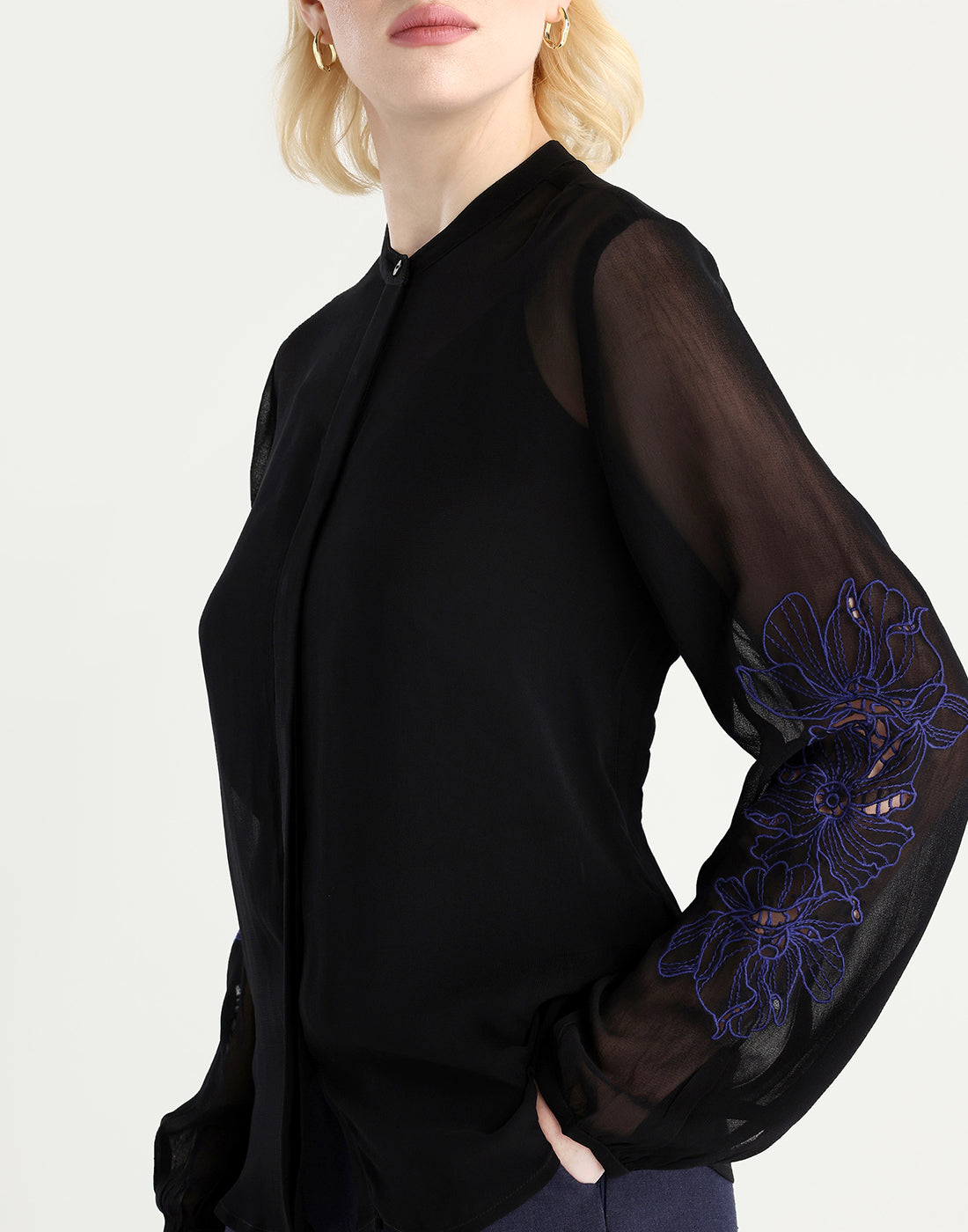 Rareism Women's Nux Black Viscose Full Sleeve Mandarin Collar Regular Fit Top