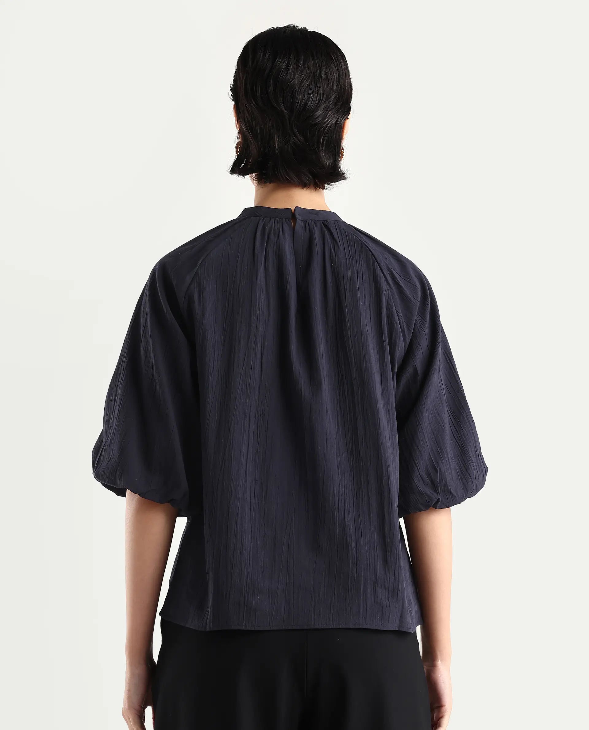 Rareism Women's Nuxo Black Nylon Blend Half Sleeve Mandarin Collar Relaxed Fit Top