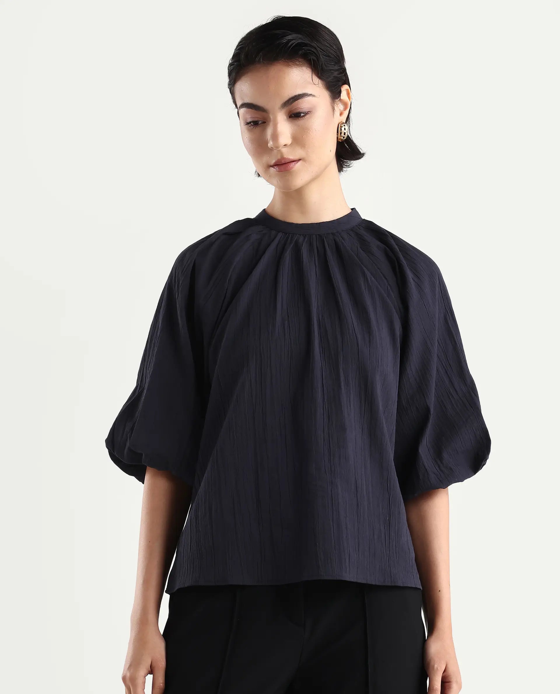 Rareism Women's Nuxo Black Nylon Blend Half Sleeve Mandarin Collar Relaxed Fit Top