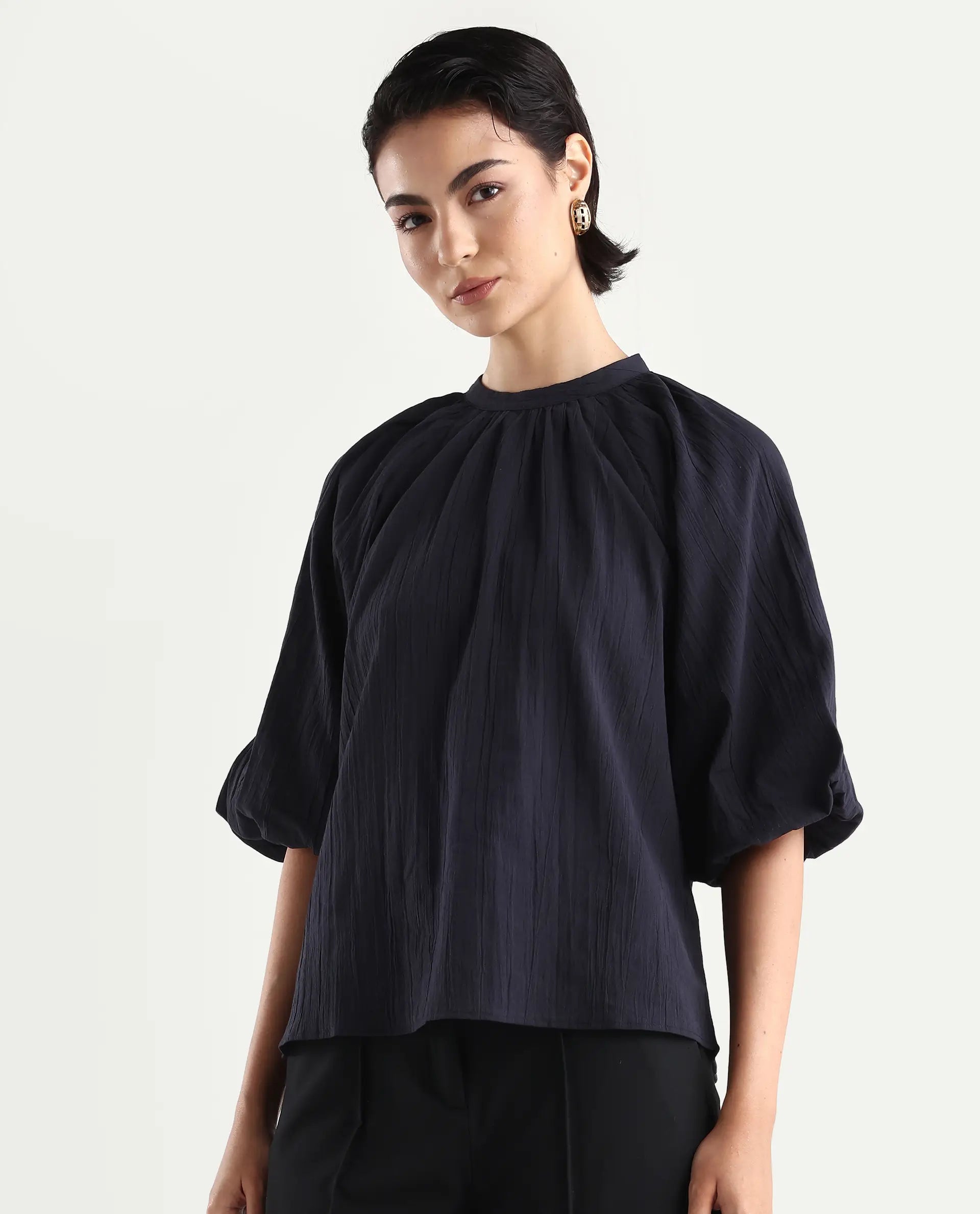 Rareism Women's Nuxo Black Nylon Blend Half Sleeve Mandarin Collar Relaxed Fit Top