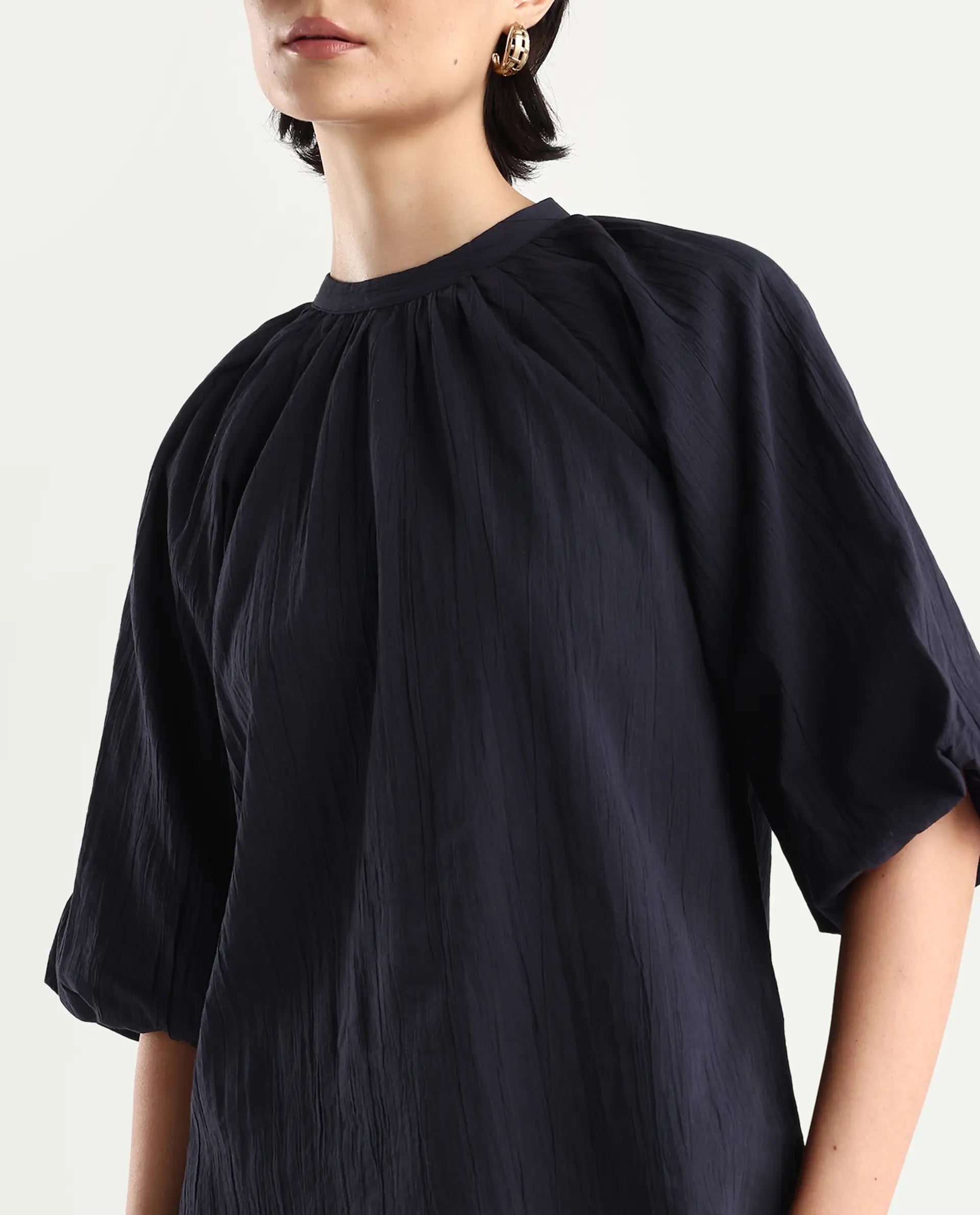 Rareism Women's Nuxo Black Nylon Blend Half Sleeve Mandarin Collar Relaxed Fit Top