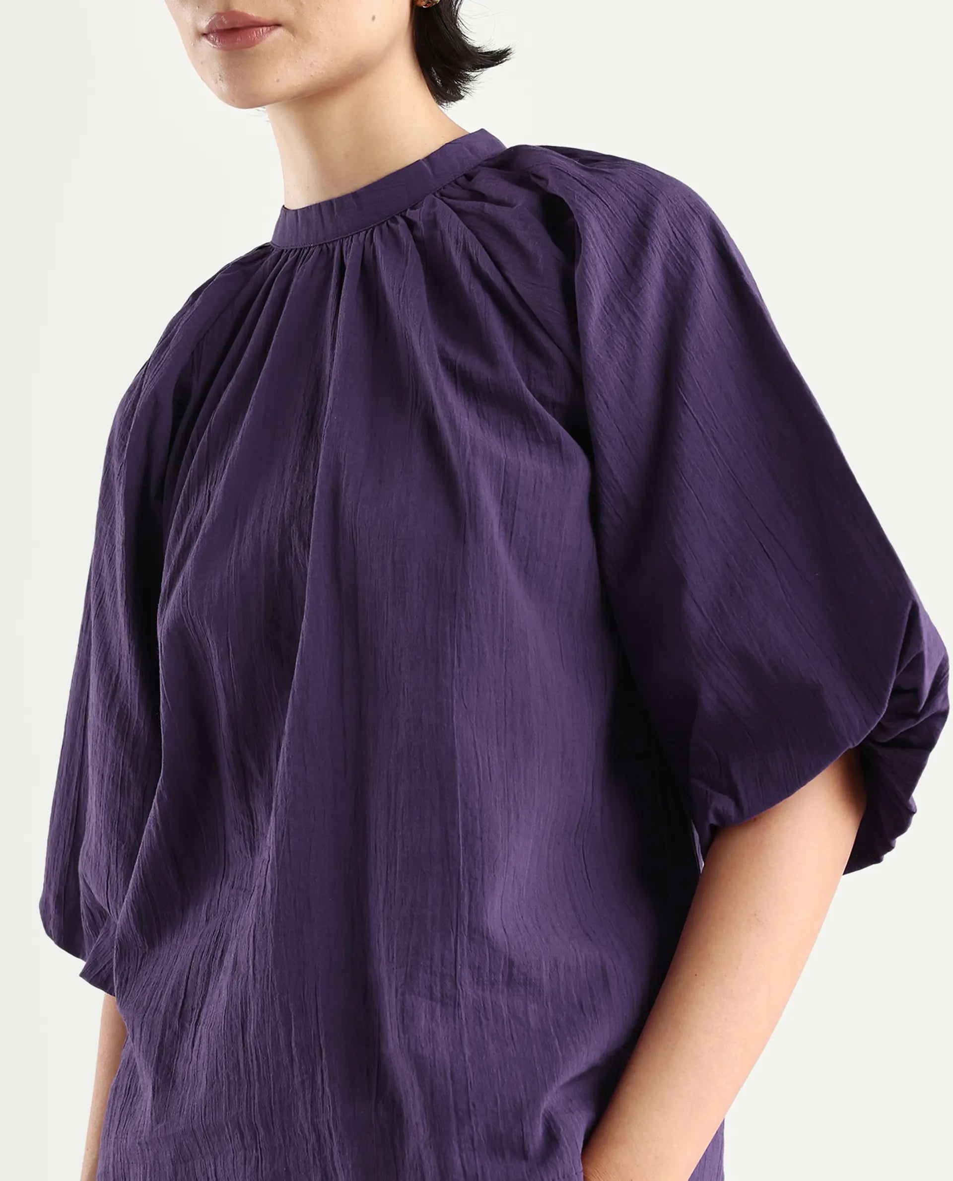 Rareism Women's Nuxo Purple Nylon Blend Half Sleeve Mandarin Collar Relaxed Fit Top