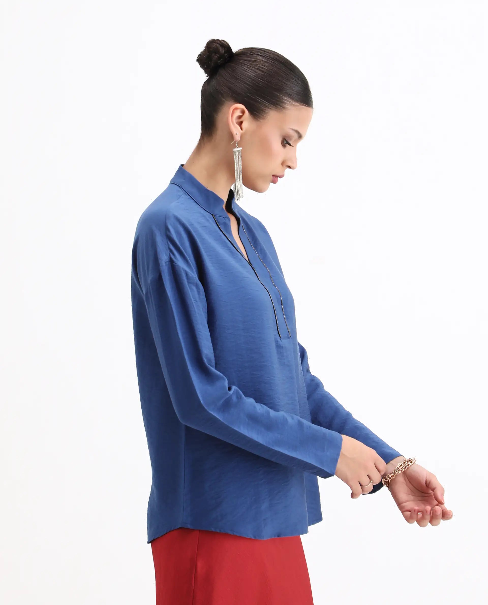 Rareism Women's Nuzif Blue Mandarin Collar Regular Fit Plain Top
