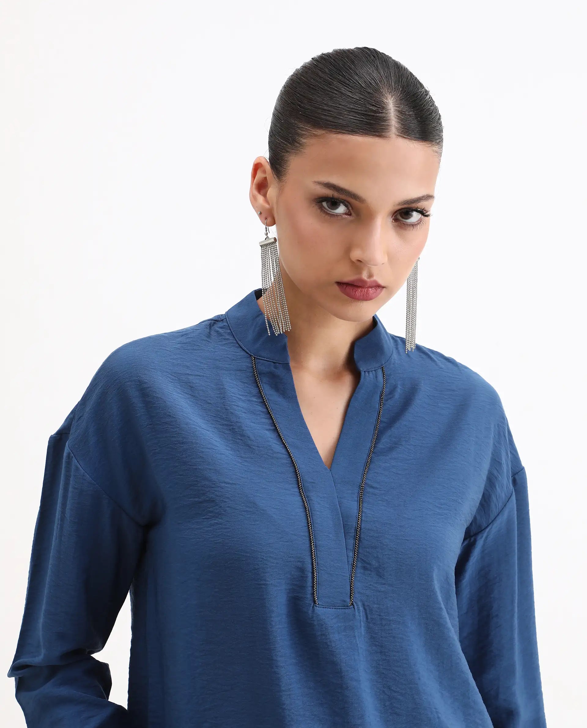 Rareism Women's Nuzif Blue Mandarin Collar Regular Fit Plain Top