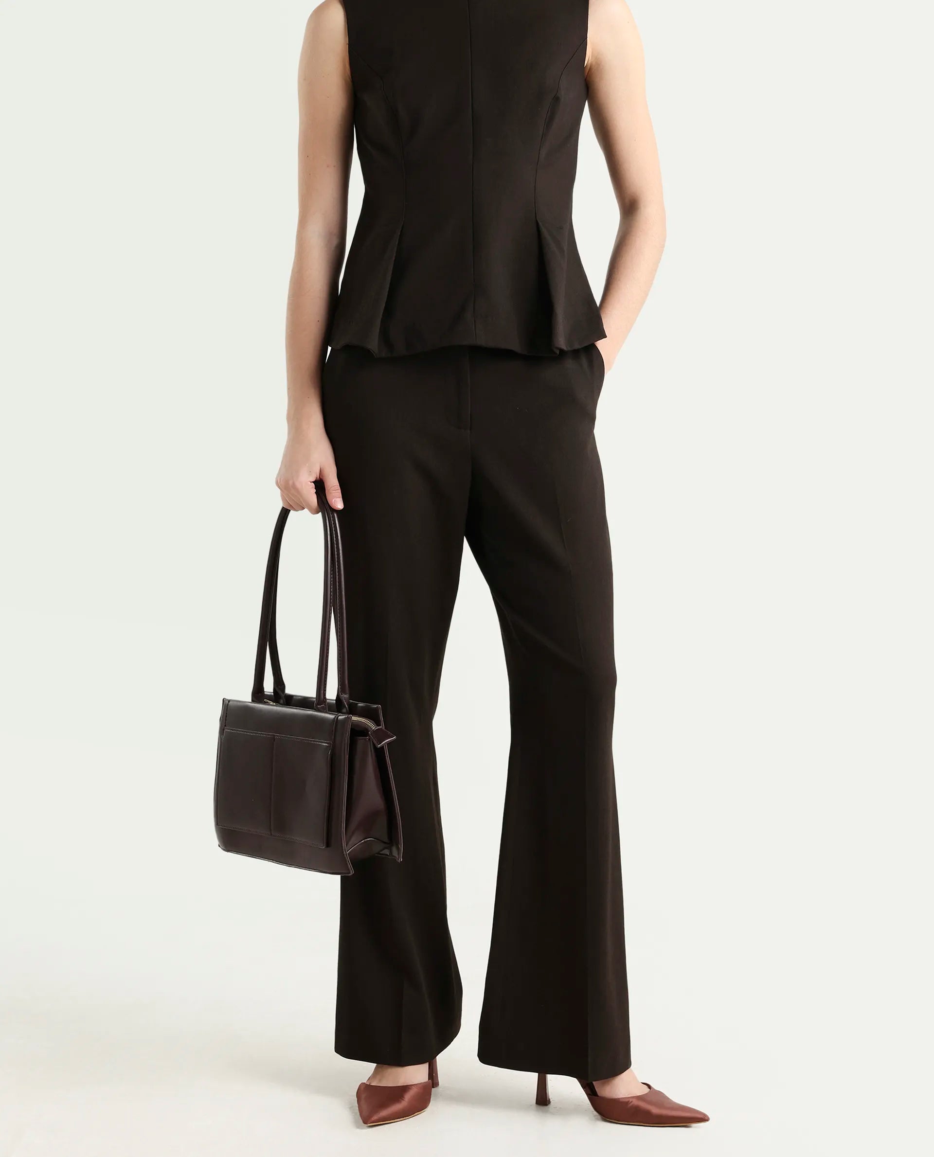 Rareism Women's Nuzor-B Dark Brown Polyester Blend Bootcut Plain Trouser