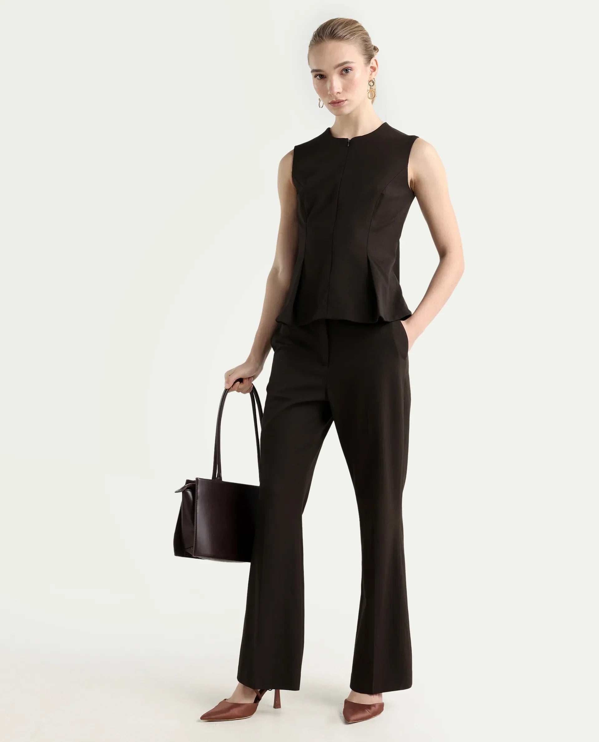 Rareism Women's Nuzor-B Dark Brown Polyester Blend Bootcut Plain Trouser