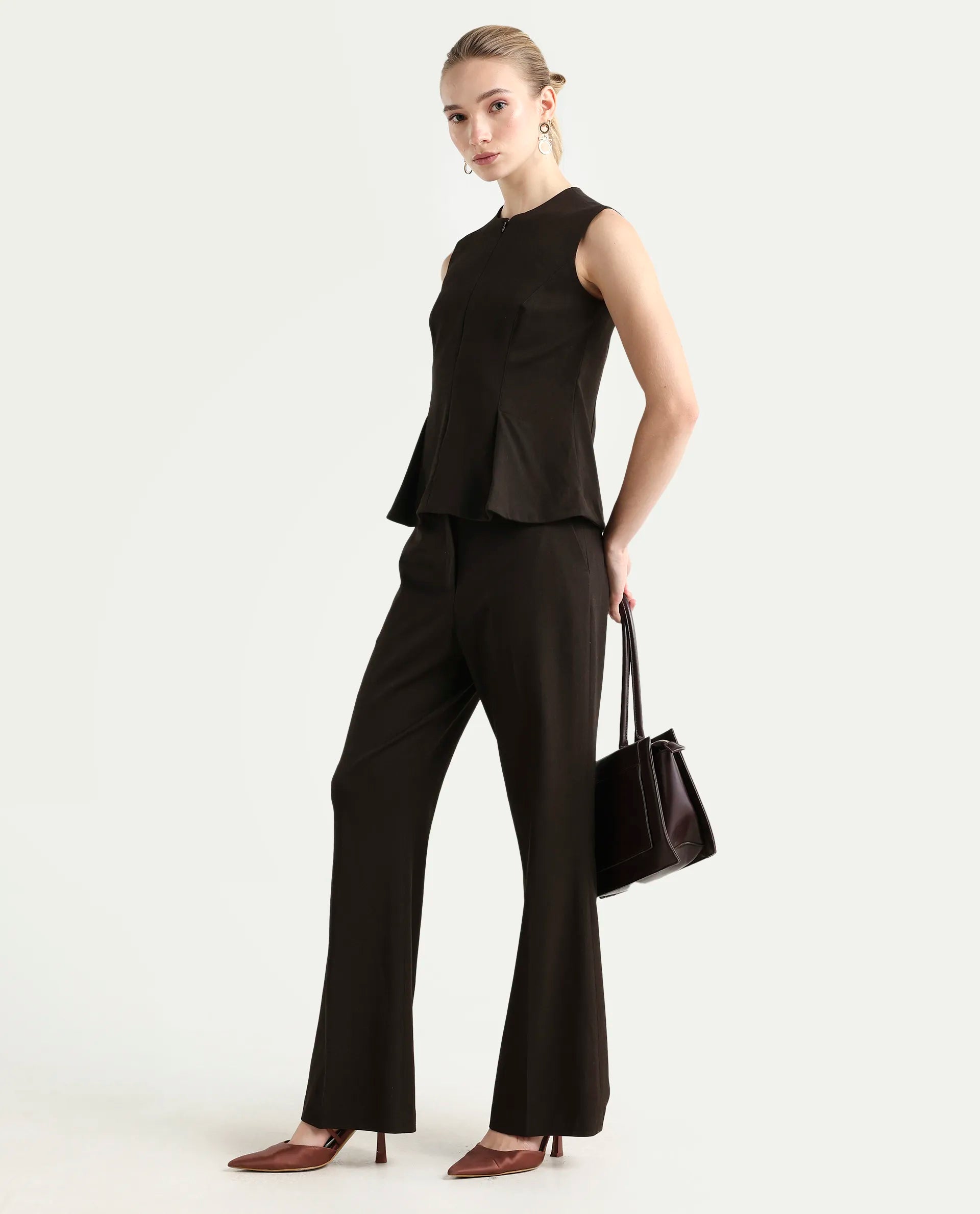 Rareism Women's Nuzor-B Dark Brown Polyester Blend Bootcut Plain Trouser