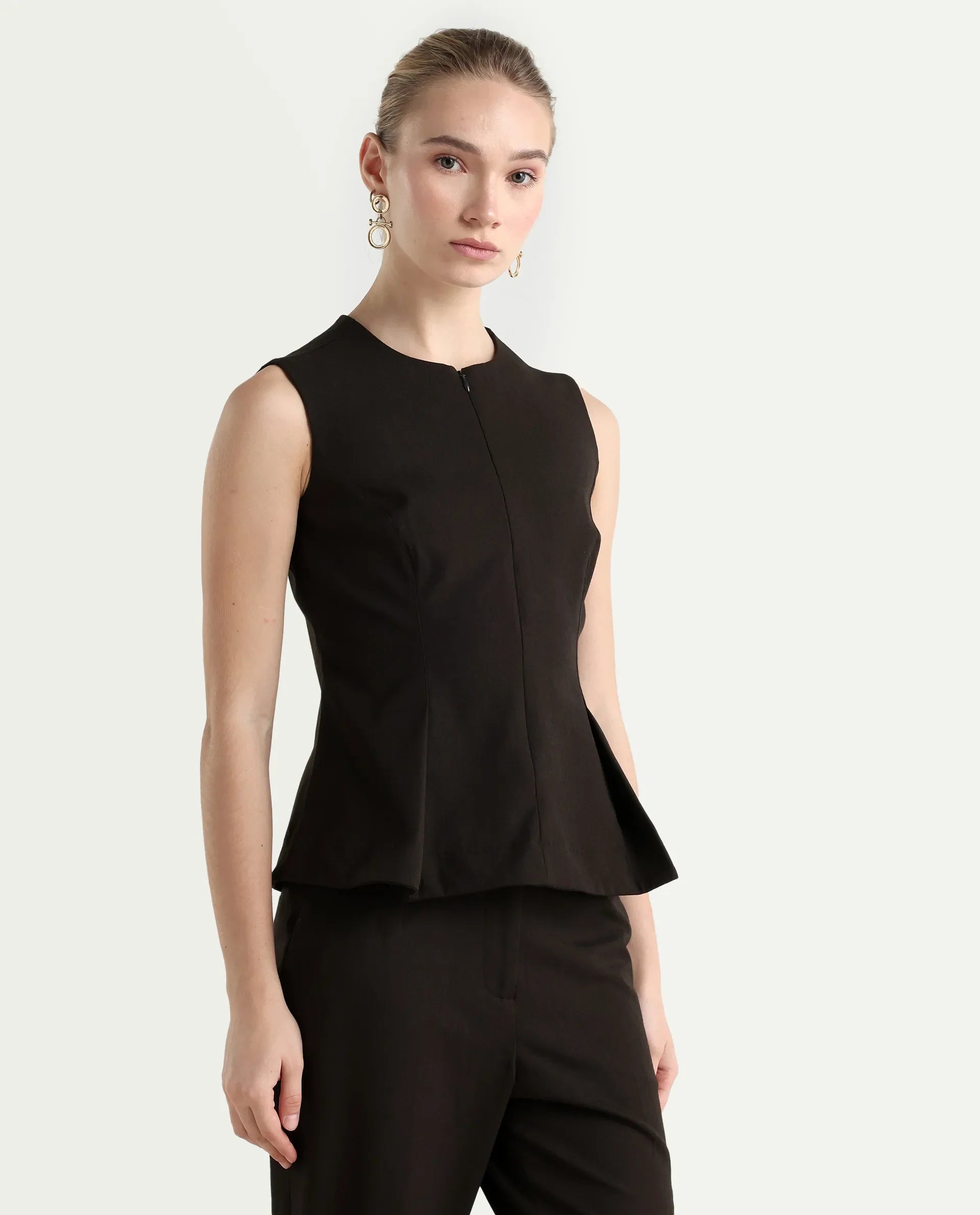 Rareism Woman Nuzor-T Dark Brown Polyester Blend Solid Fitted Top