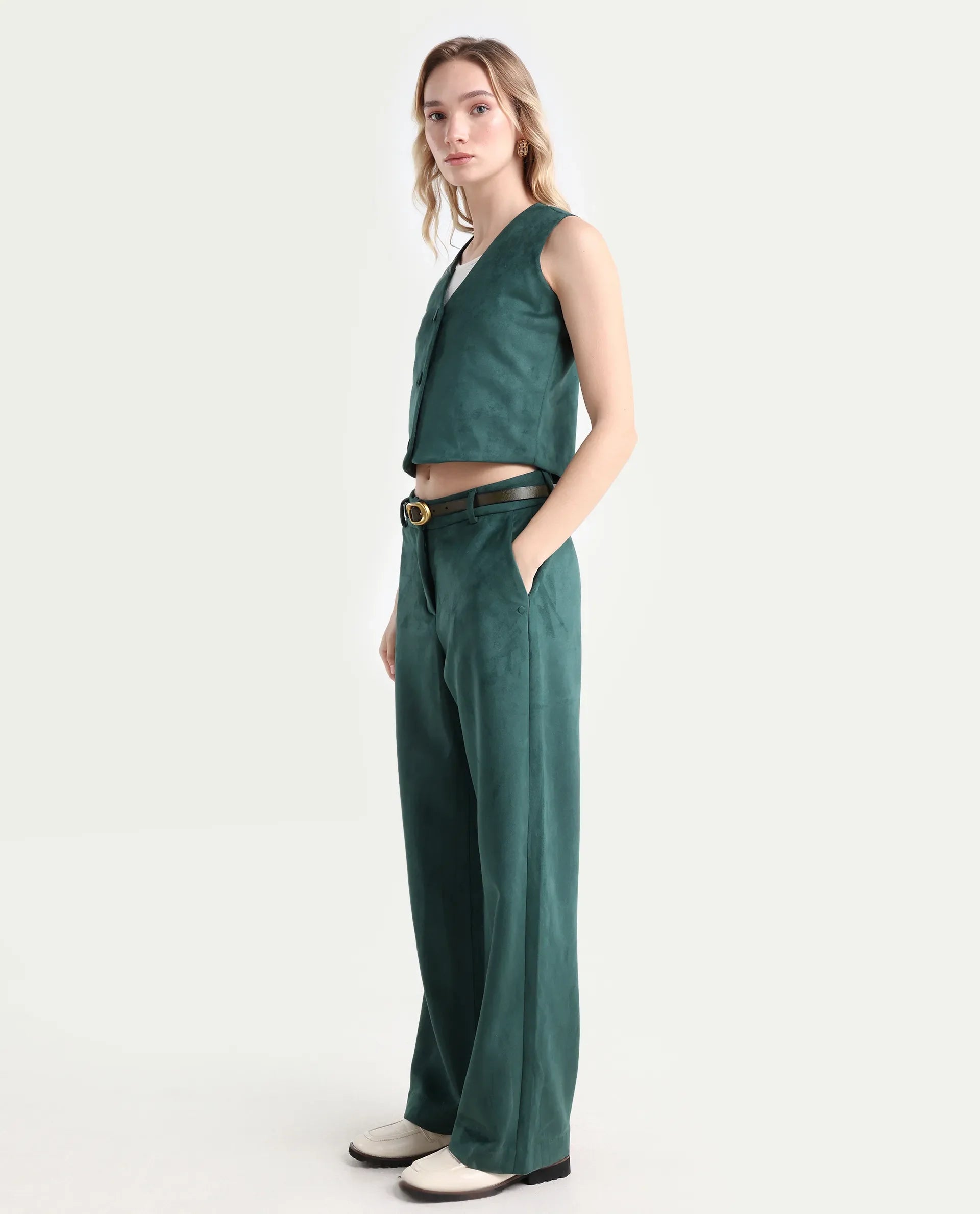 Rareism Women's Niwast-B Green Polyester Blend Straight Fit Travel Trouser