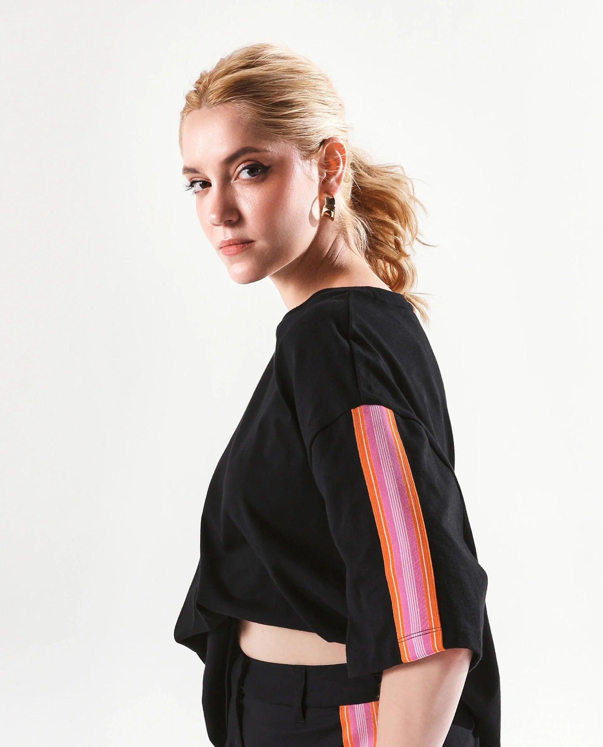 Rareism Women's Nonwen T Black Cotton Blend Crew Neck Striped Oversized T-Shirt Oversize