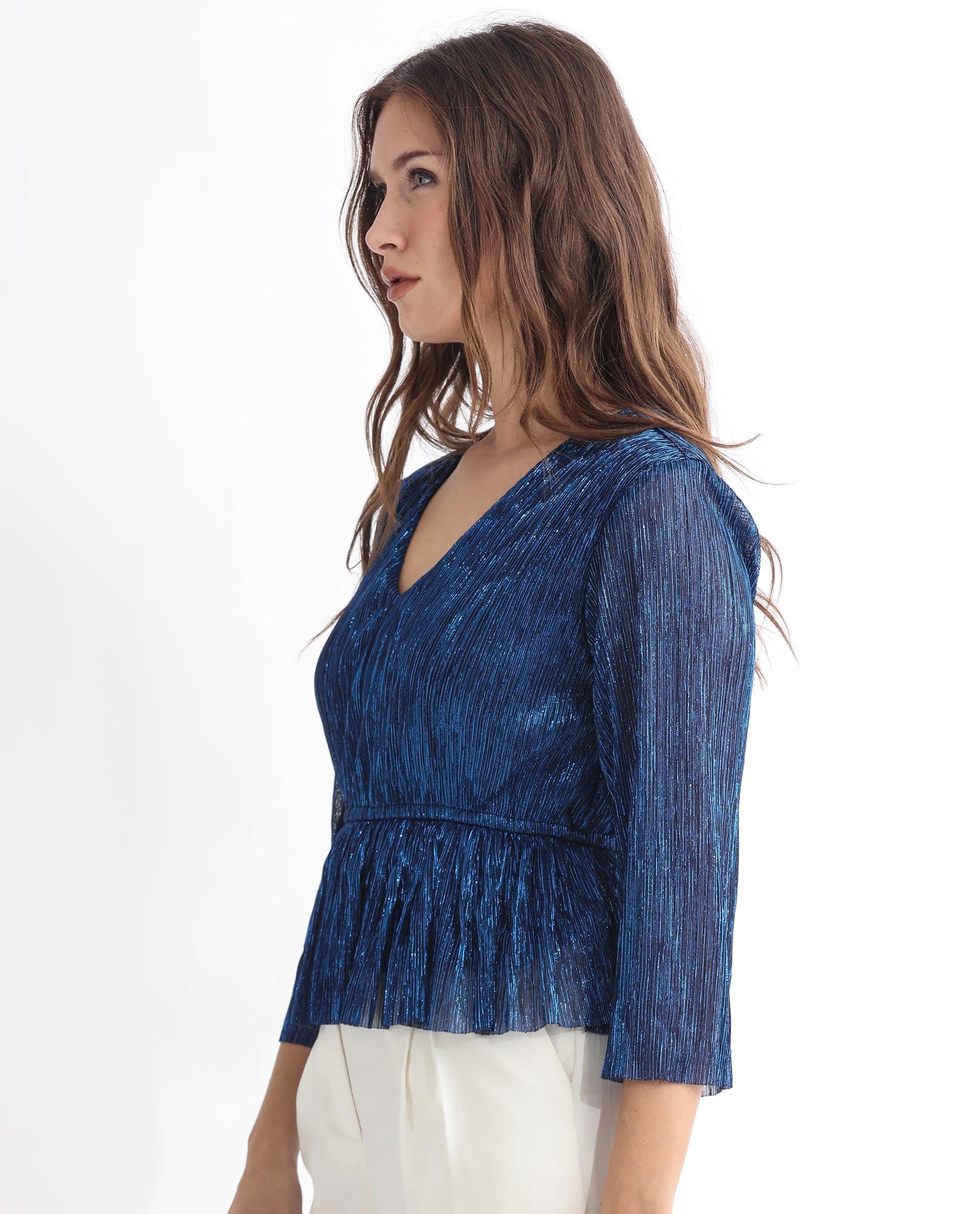 Rareism Women's Odim Metalic Blue Polyester V-Neck Shimmer Regular Fit Top