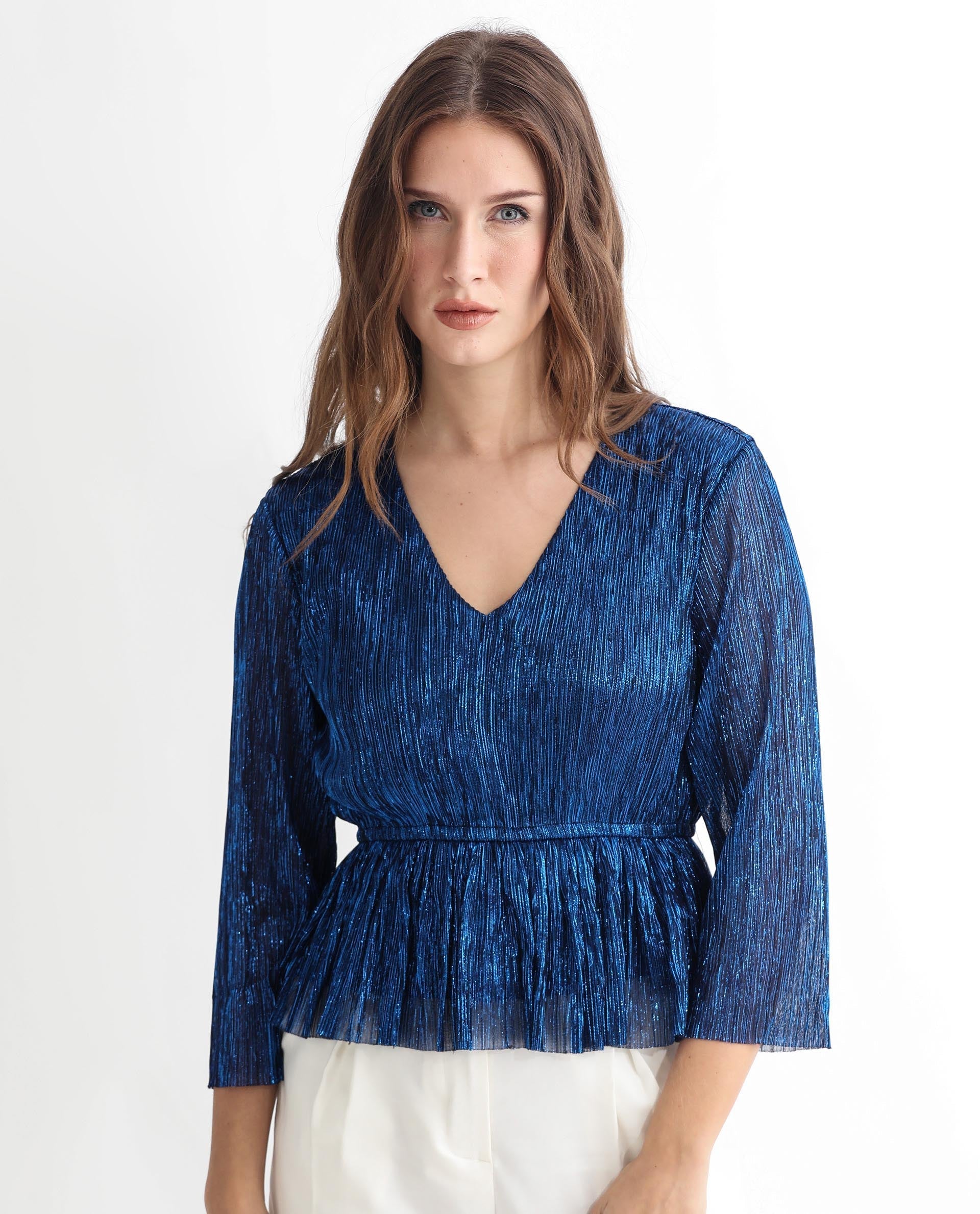 Rareism Women's Odim Metalic Blue Polyester V-Neck Shimmer Regular Fit Top