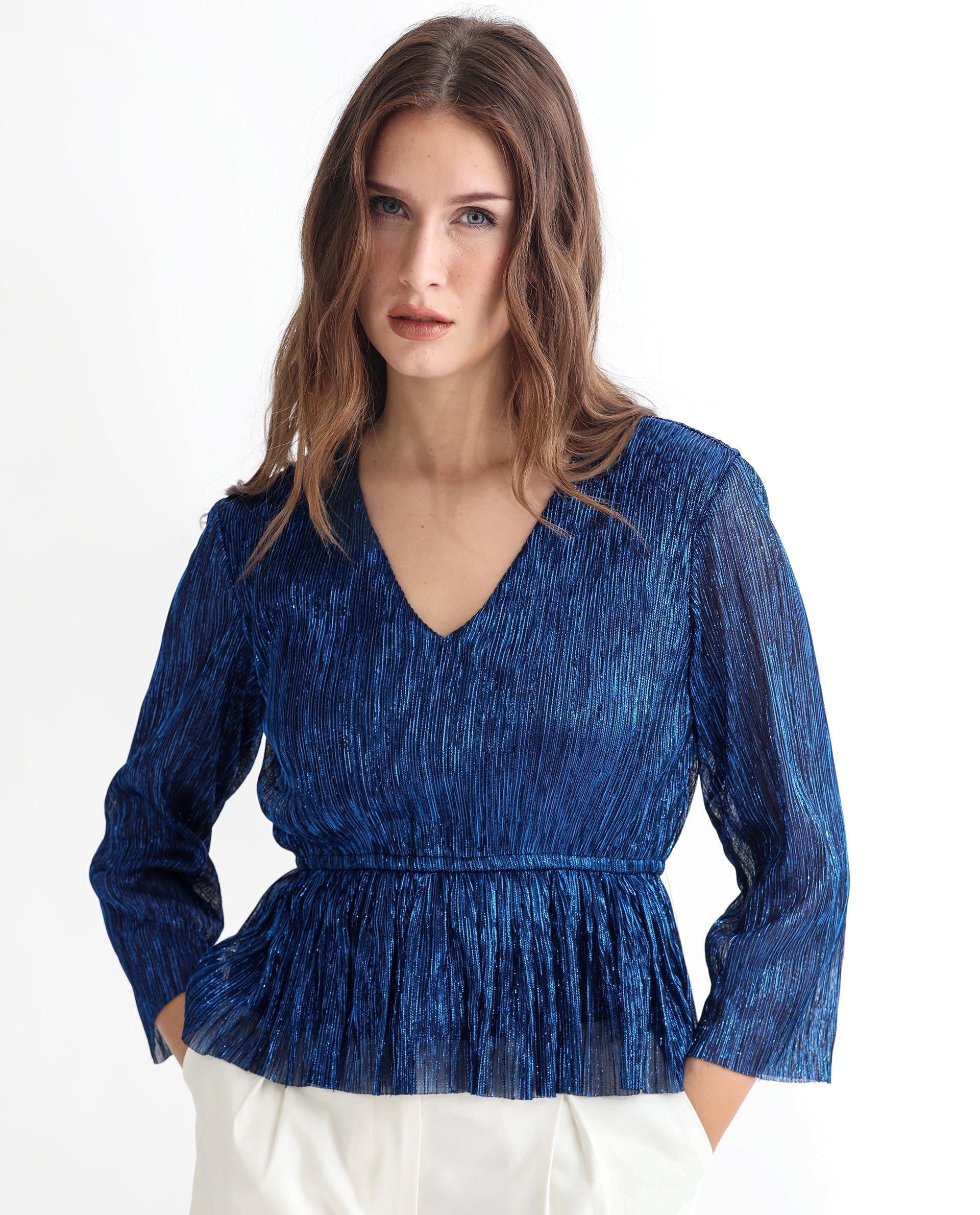 Rareism Women's Odim Metalic Blue Polyester V-Neck Shimmer Regular Fit Top