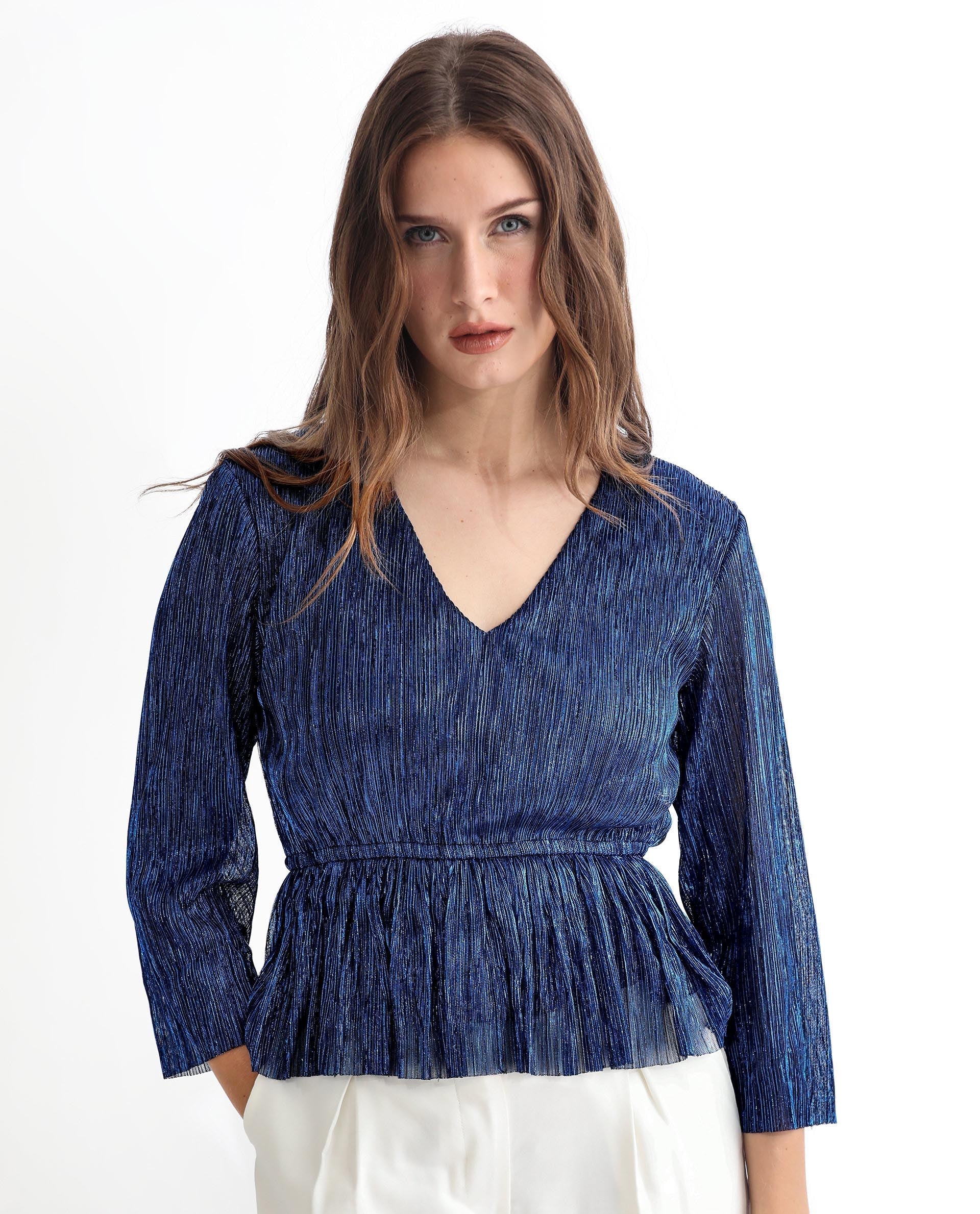 Rareism Women's Odim Metalic Blue Polyester V-Neck Shimmer Regular Fit Top