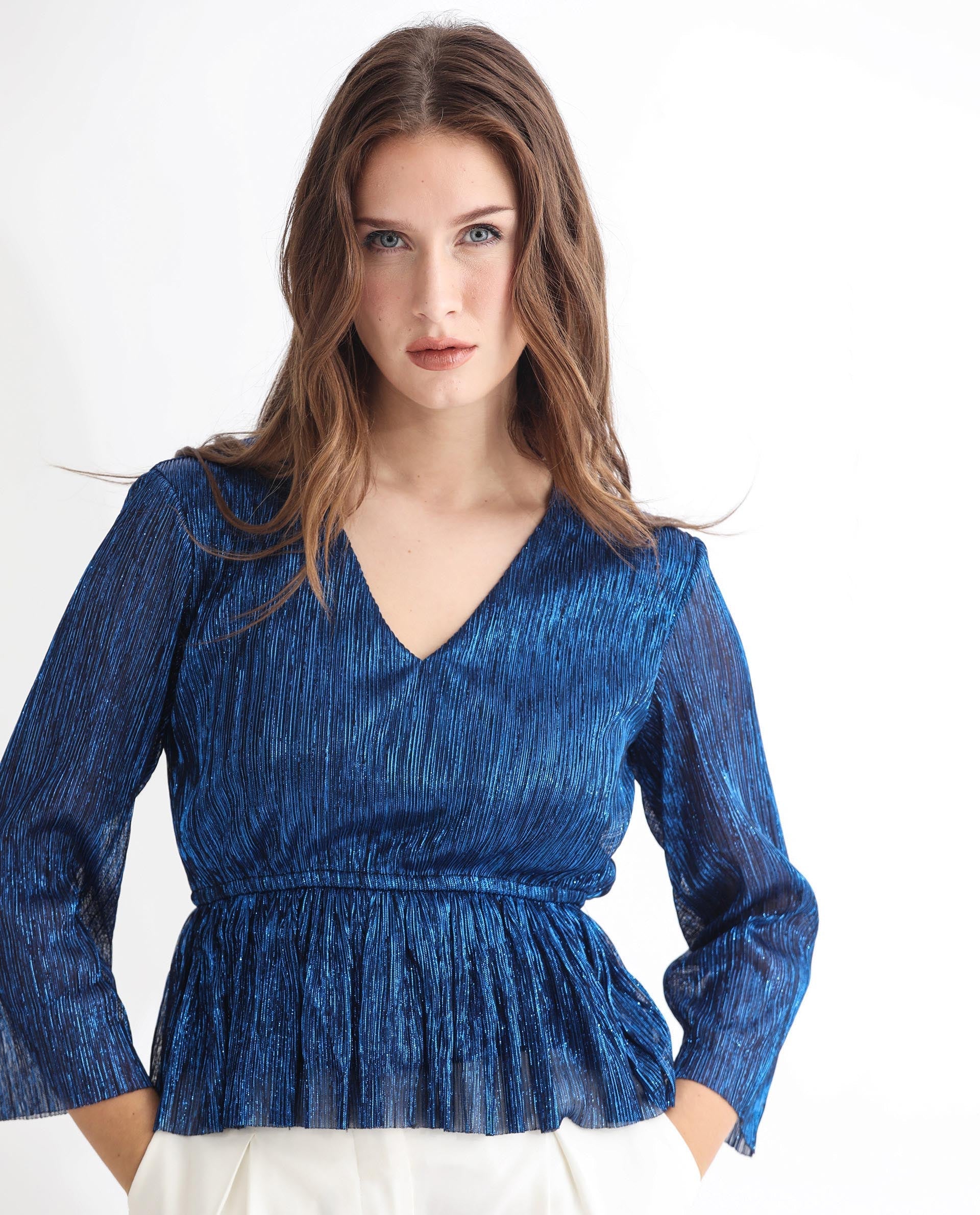 Rareism Women's Odim Metalic Blue Polyester V-Neck Shimmer Regular Fit Top