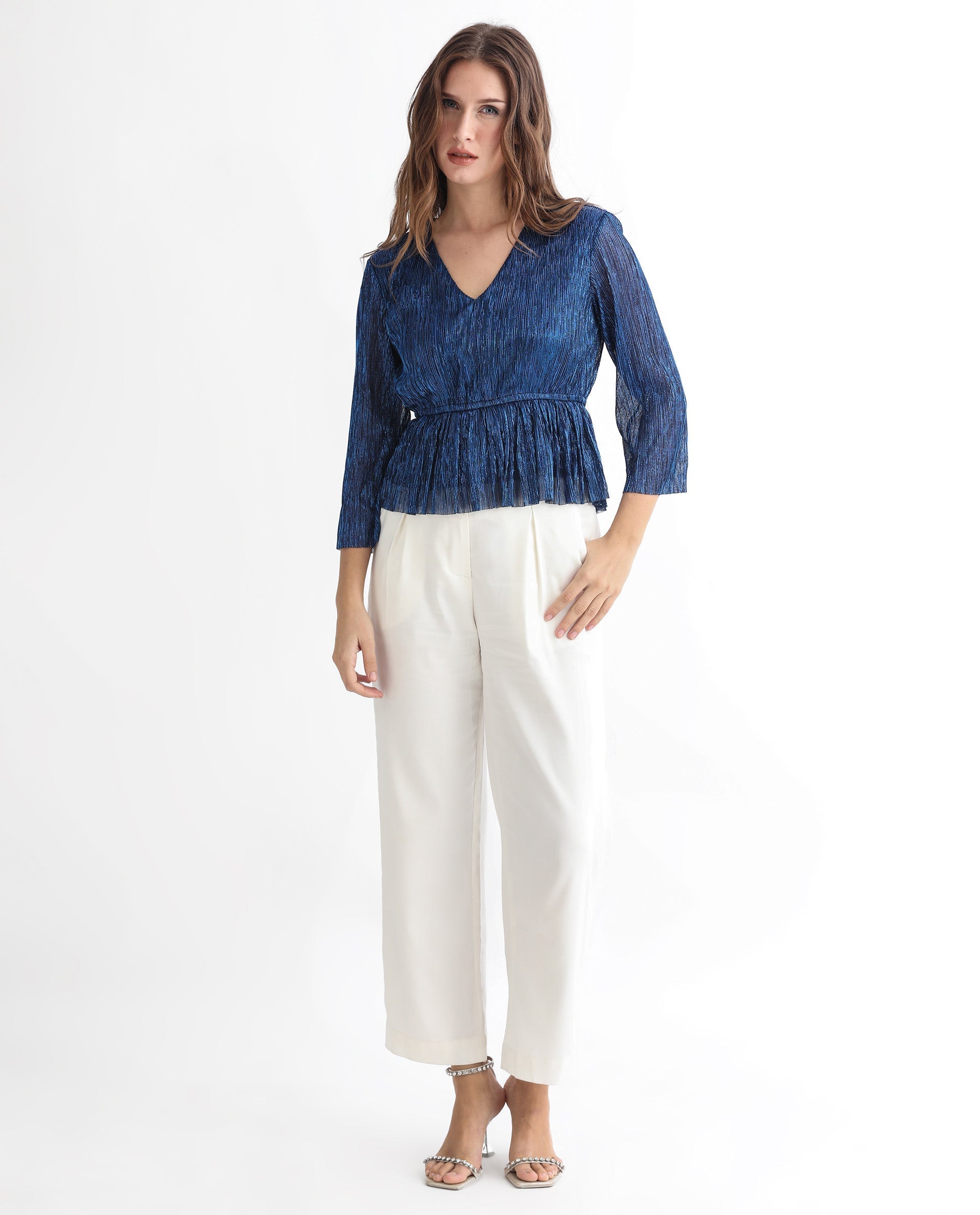 Rareism Women's Odim Metalic Blue Polyester V-Neck Shimmer Regular Fit Top