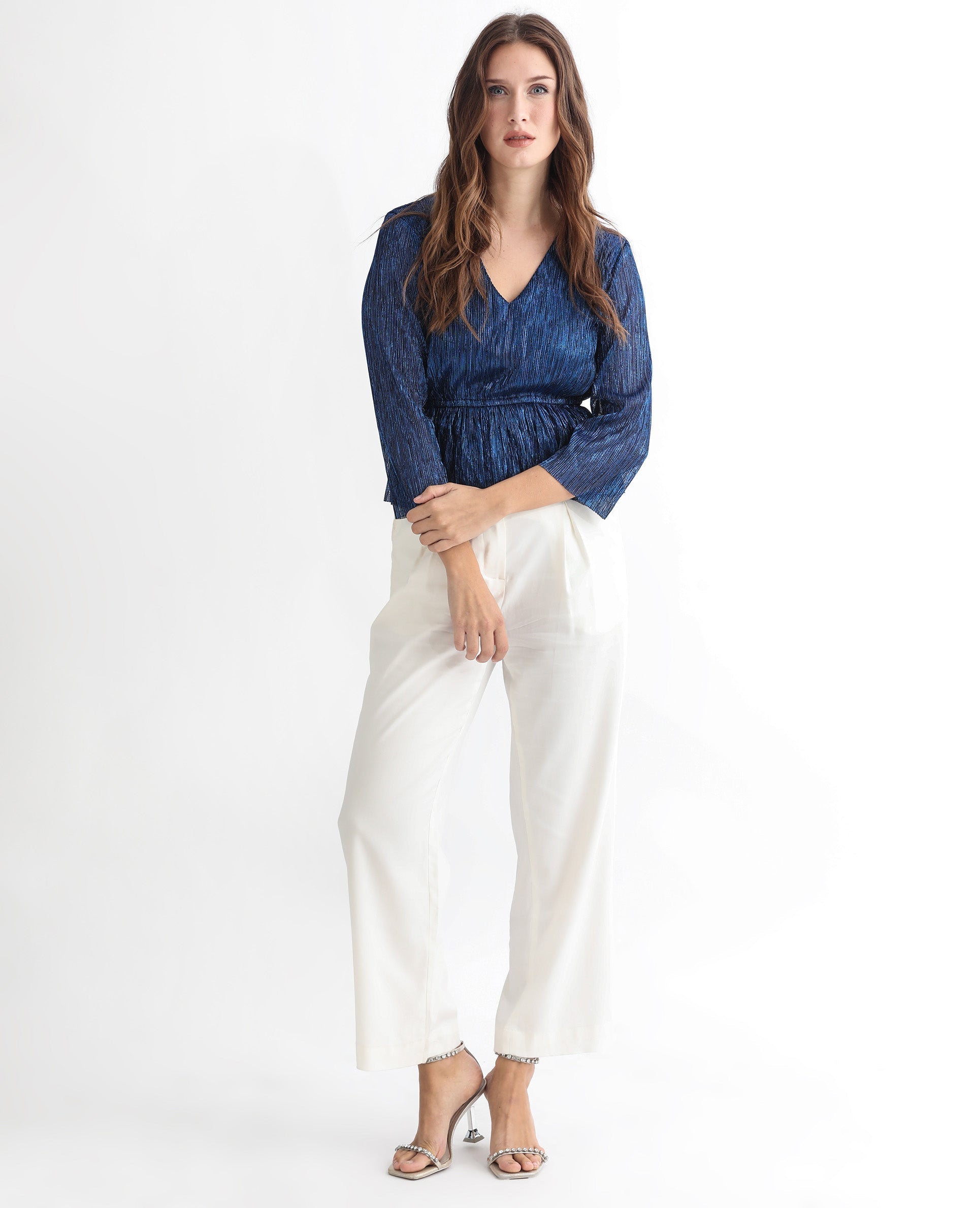 Rareism Women's Odim Metalic Blue Polyester V-Neck Shimmer Regular Fit Top