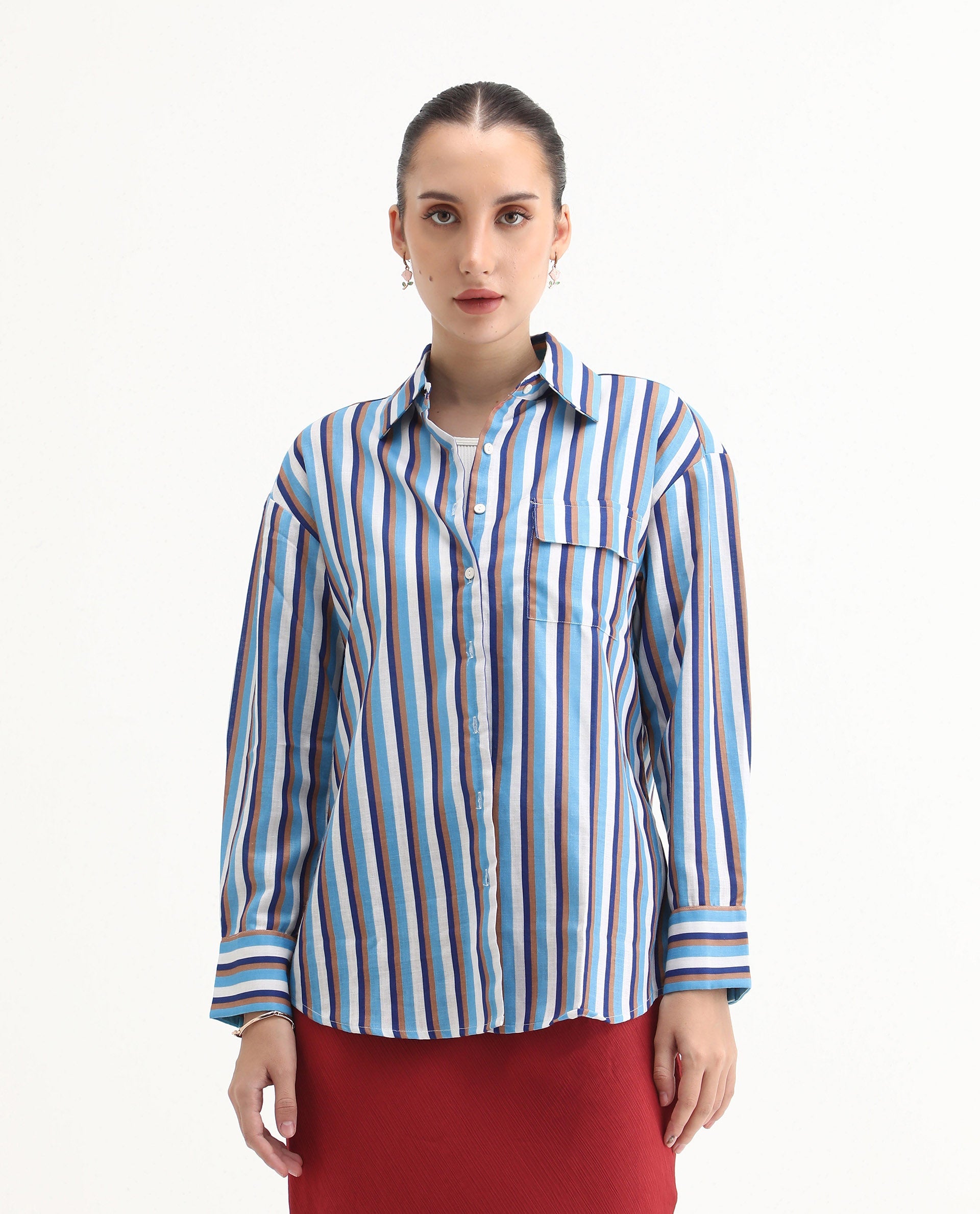 Rareism Women's Oharau Blue Polyester Drop Collar Striped Cuffed Sleeve Regular Fit Top
