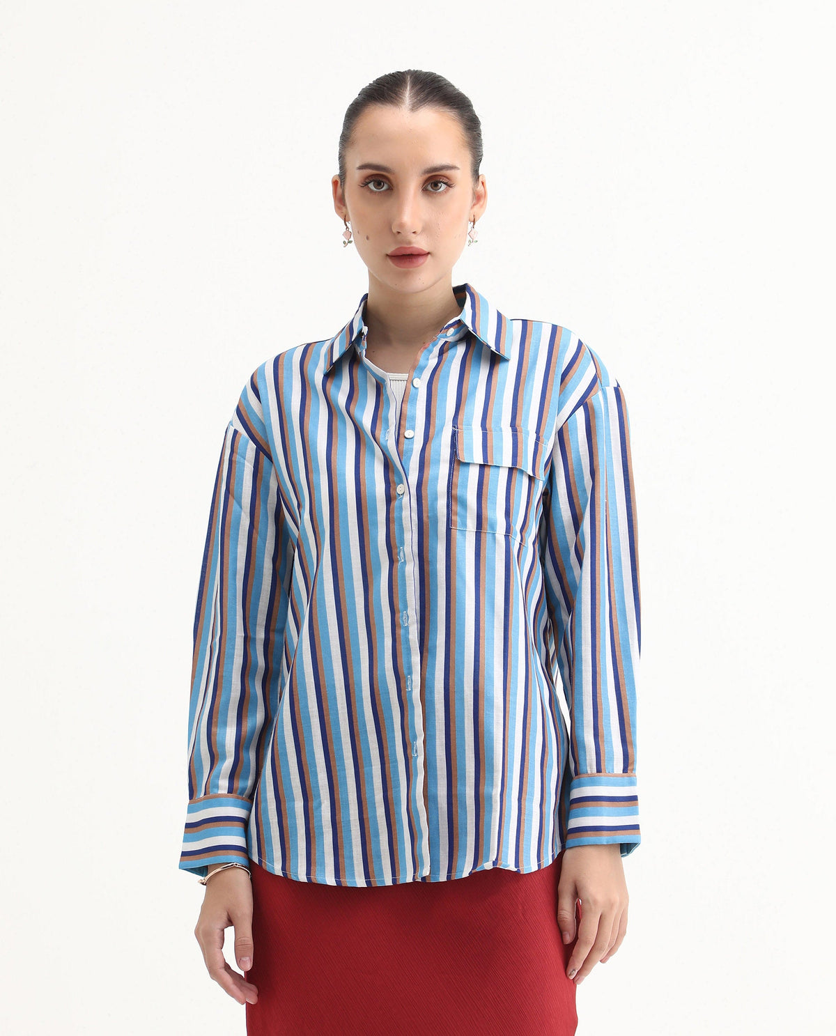 Rareism Women's Oharau Blue Polyester Drop Collar Striped Cuffed Sleeve Regular Fit Top