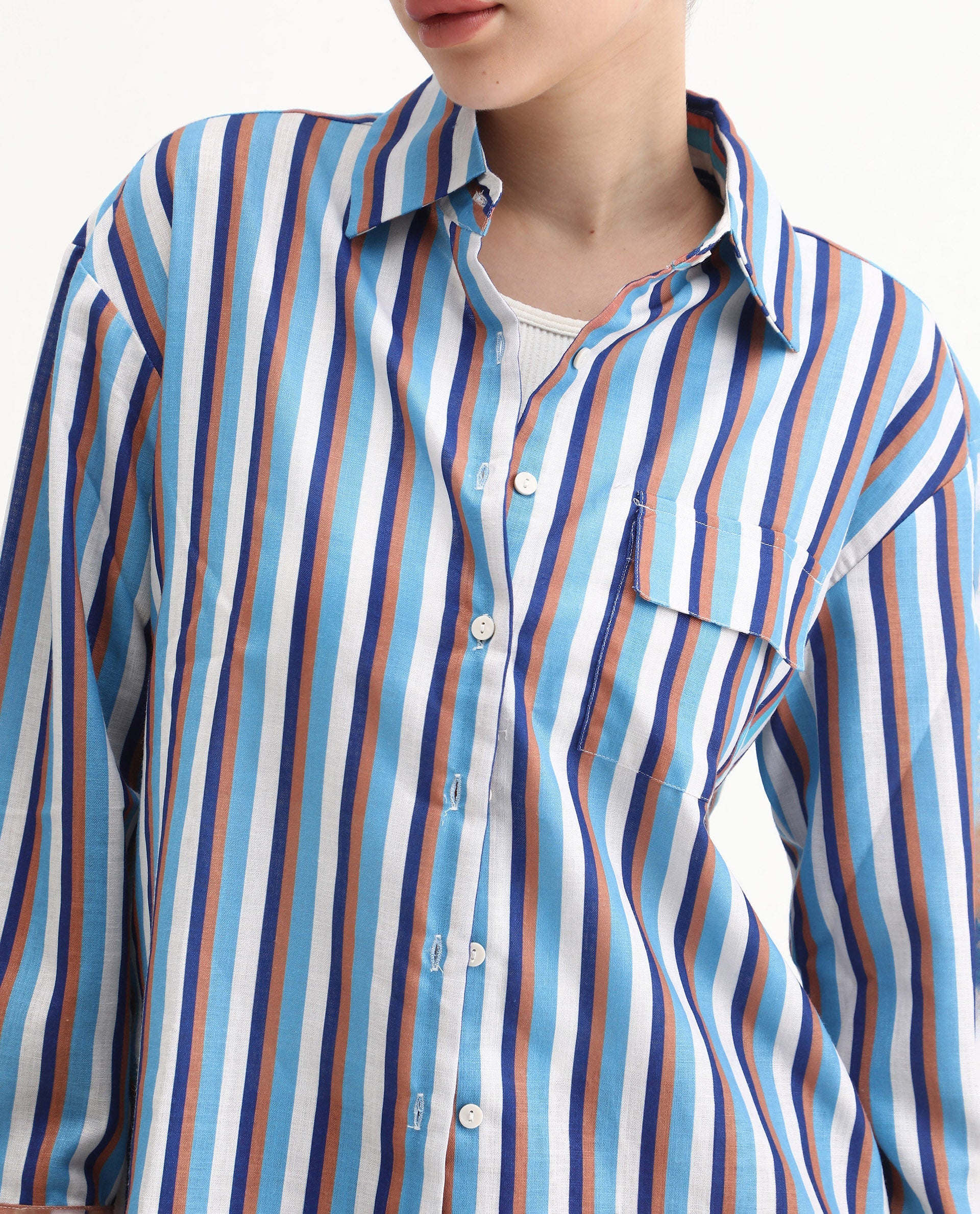 Rareism Women's Oharau Blue Polyester Drop Collar Striped Cuffed Sleeve Regular Fit Top