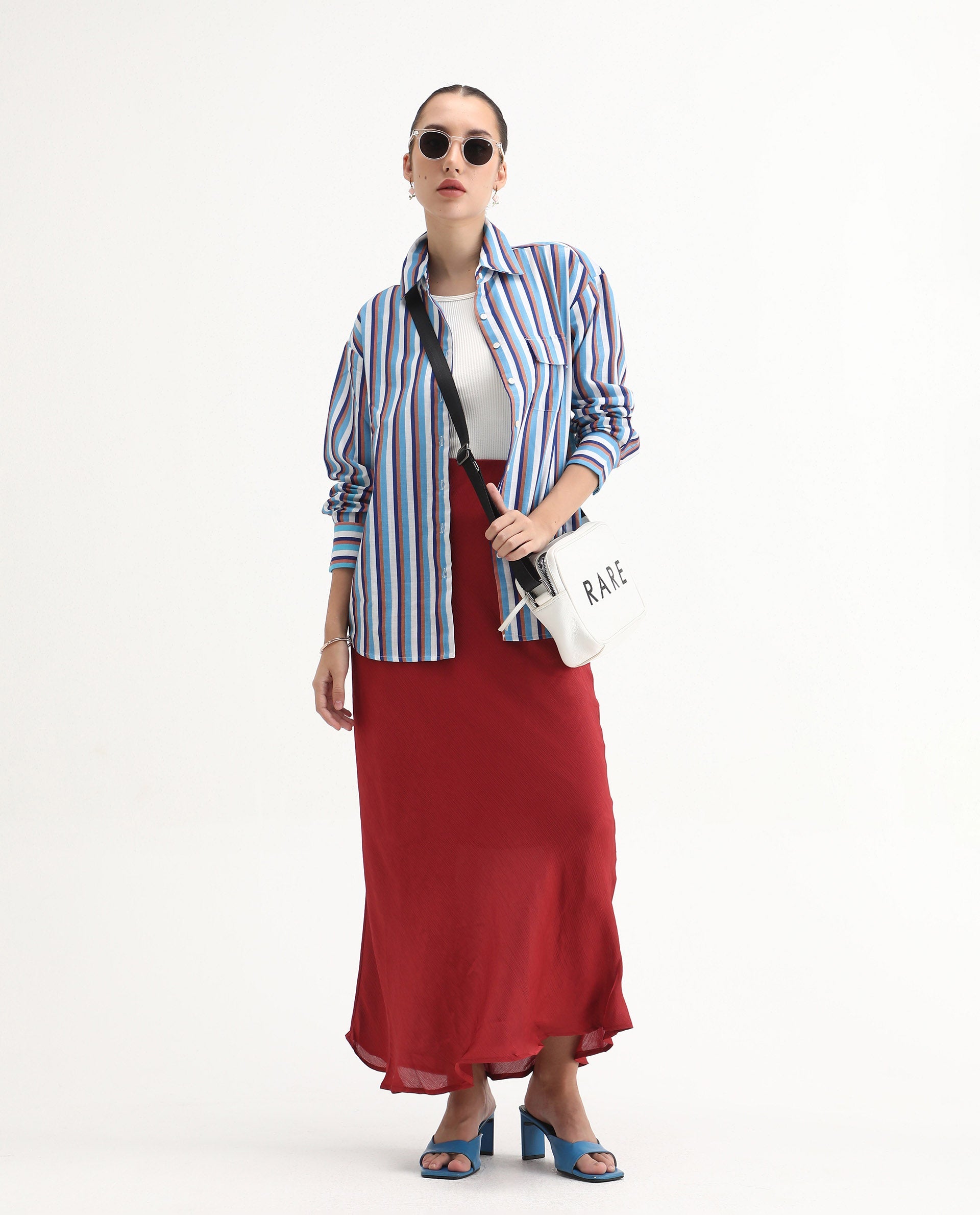 Rareism Women's Oharau Blue Polyester Drop Collar Striped Cuffed Sleeve Regular Fit Top