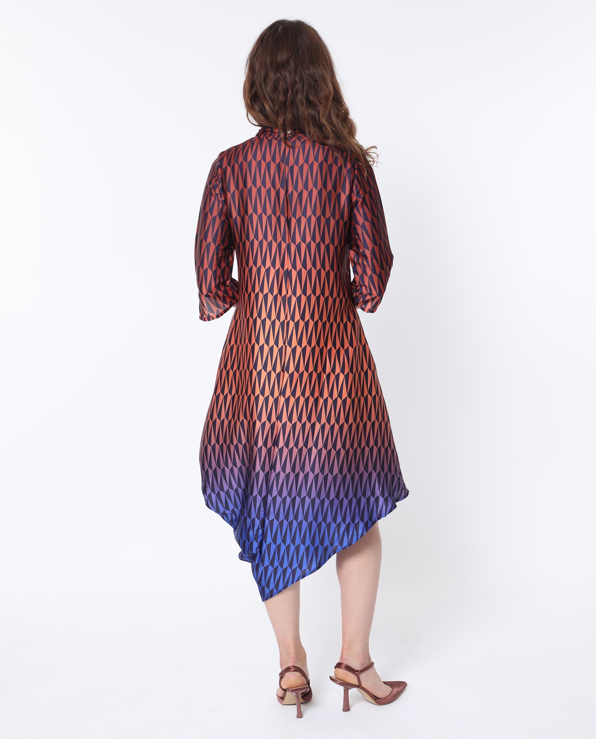 Rareism Women's Ohren Multi Polyester High Neck Geometric Print Midi Relaxed Fit Dress