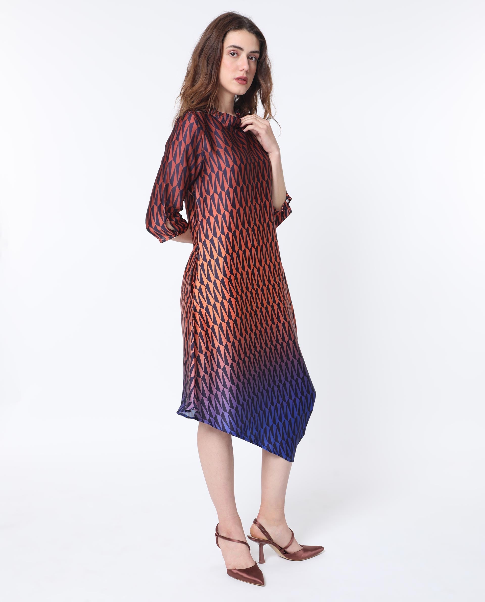Rareism Women's Ohren Multi Polyester High Neck Geometric Print Midi Relaxed Fit Dress