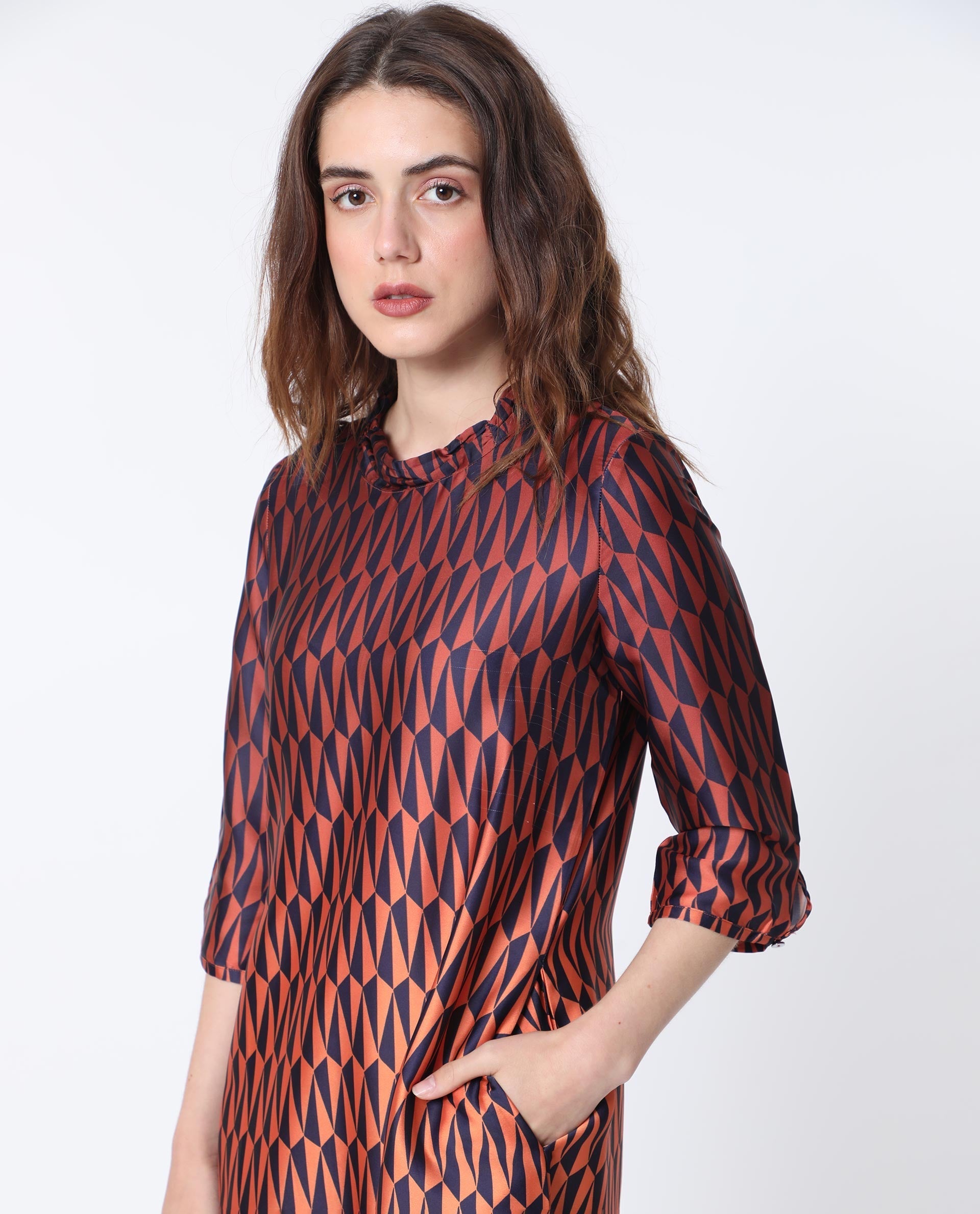 Rareism Women's Ohren Multi Polyester High Neck Geometric Print Midi Relaxed Fit Dress