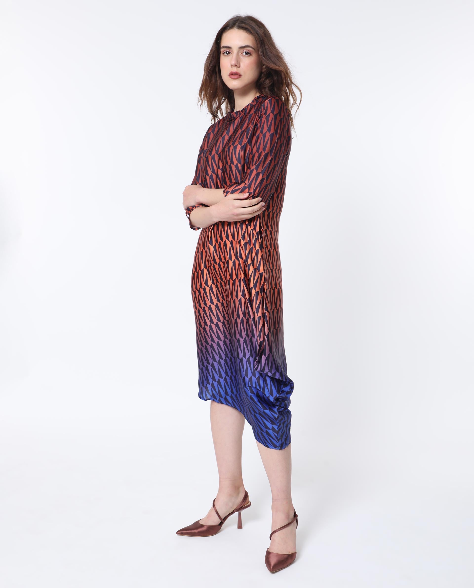 Rareism Women's Ohren Multi Polyester High Neck Geometric Print Midi Relaxed Fit Dress