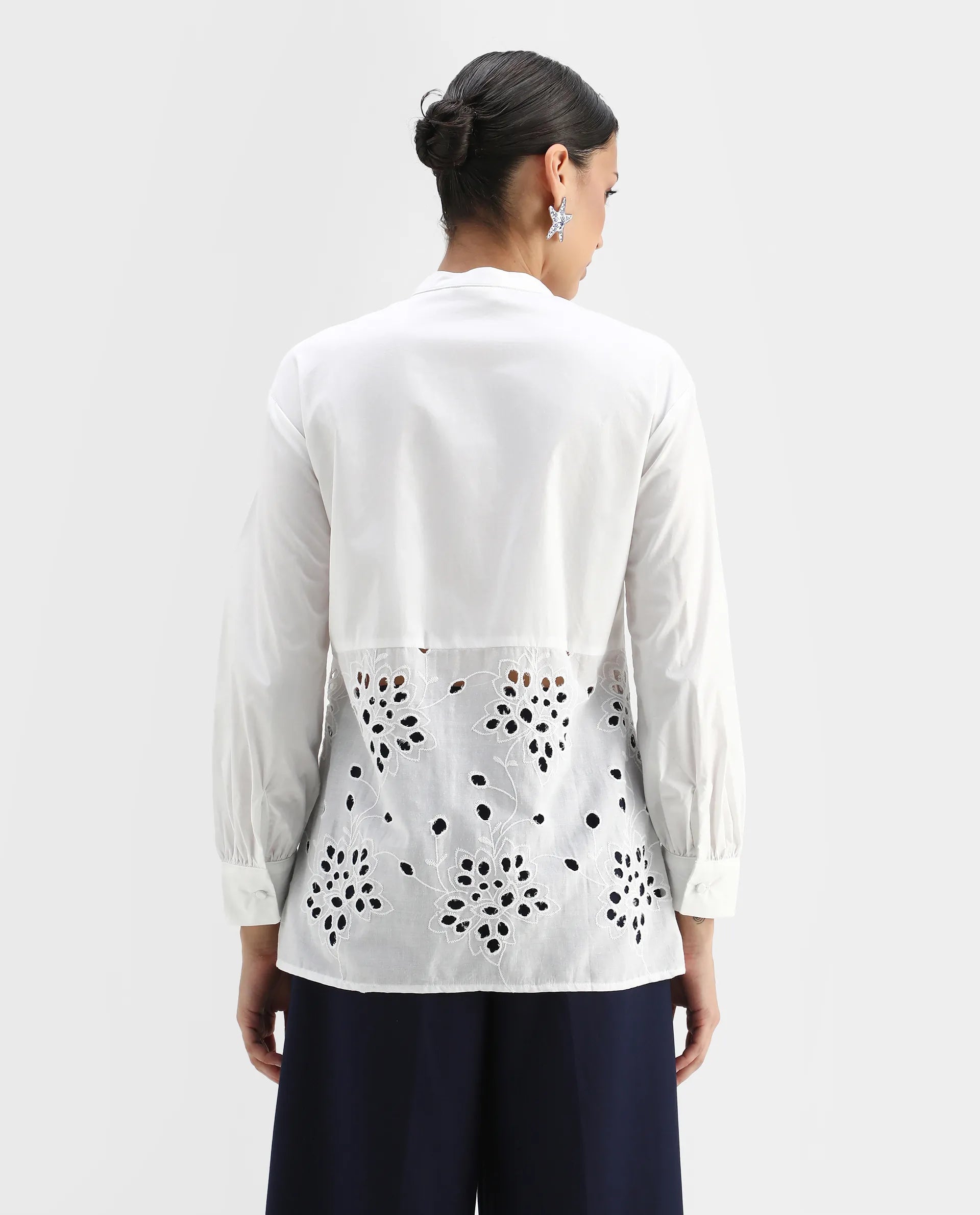 Rareism Women's Oia White Cotton Mandarin Collar Plain Cuffed Sleeve Relaxed Fit Top
