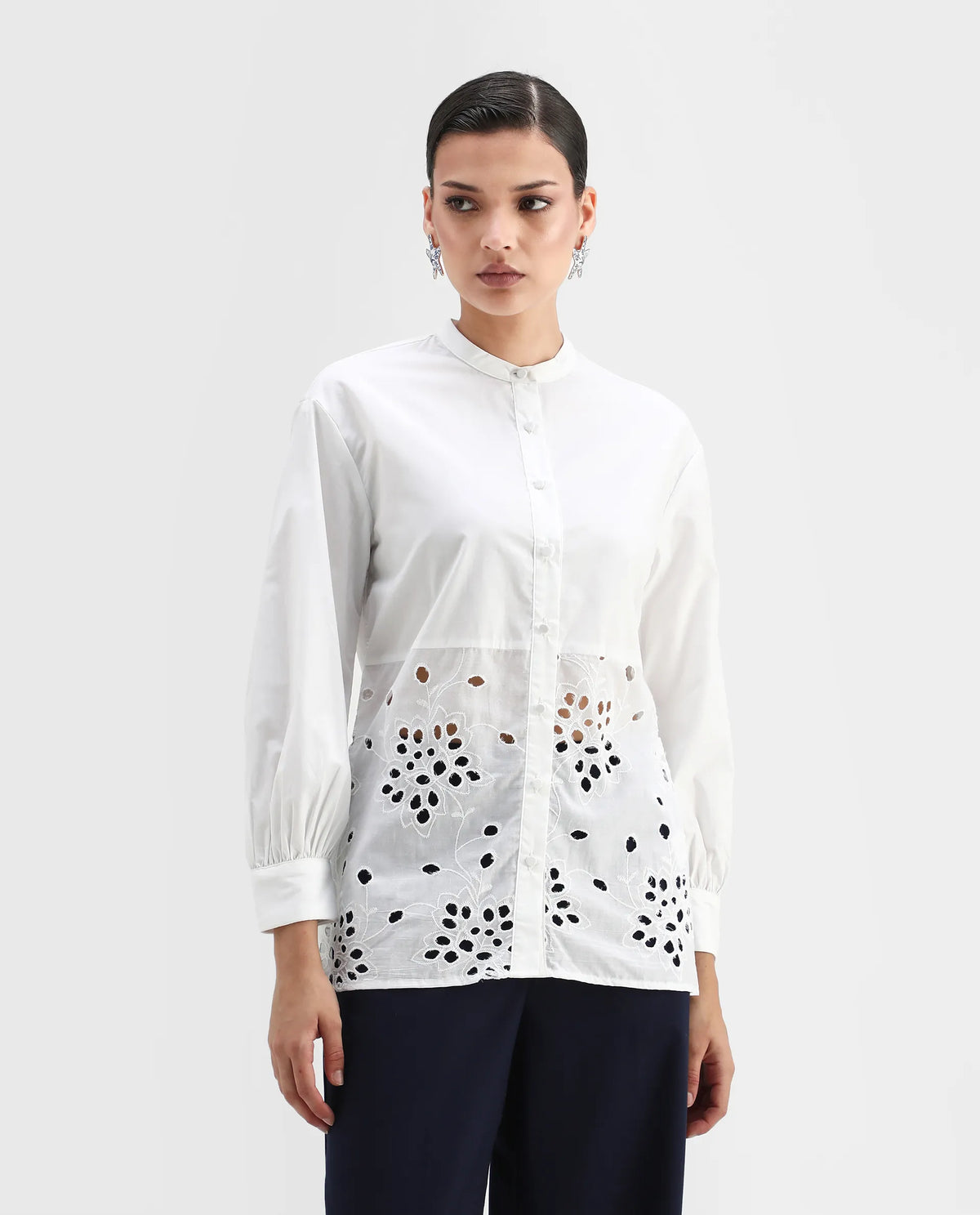 Rareism Women's Oia White Cotton Mandarin Collar Plain Cuffed Sleeve Relaxed Fit Top