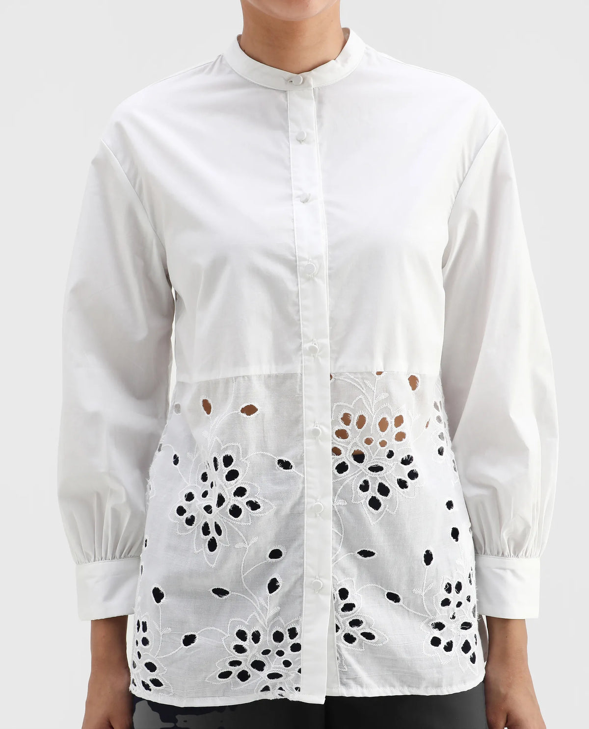 Rareism Women's Oia White Cotton Mandarin Collar Plain Cuffed Sleeve Relaxed Fit Top