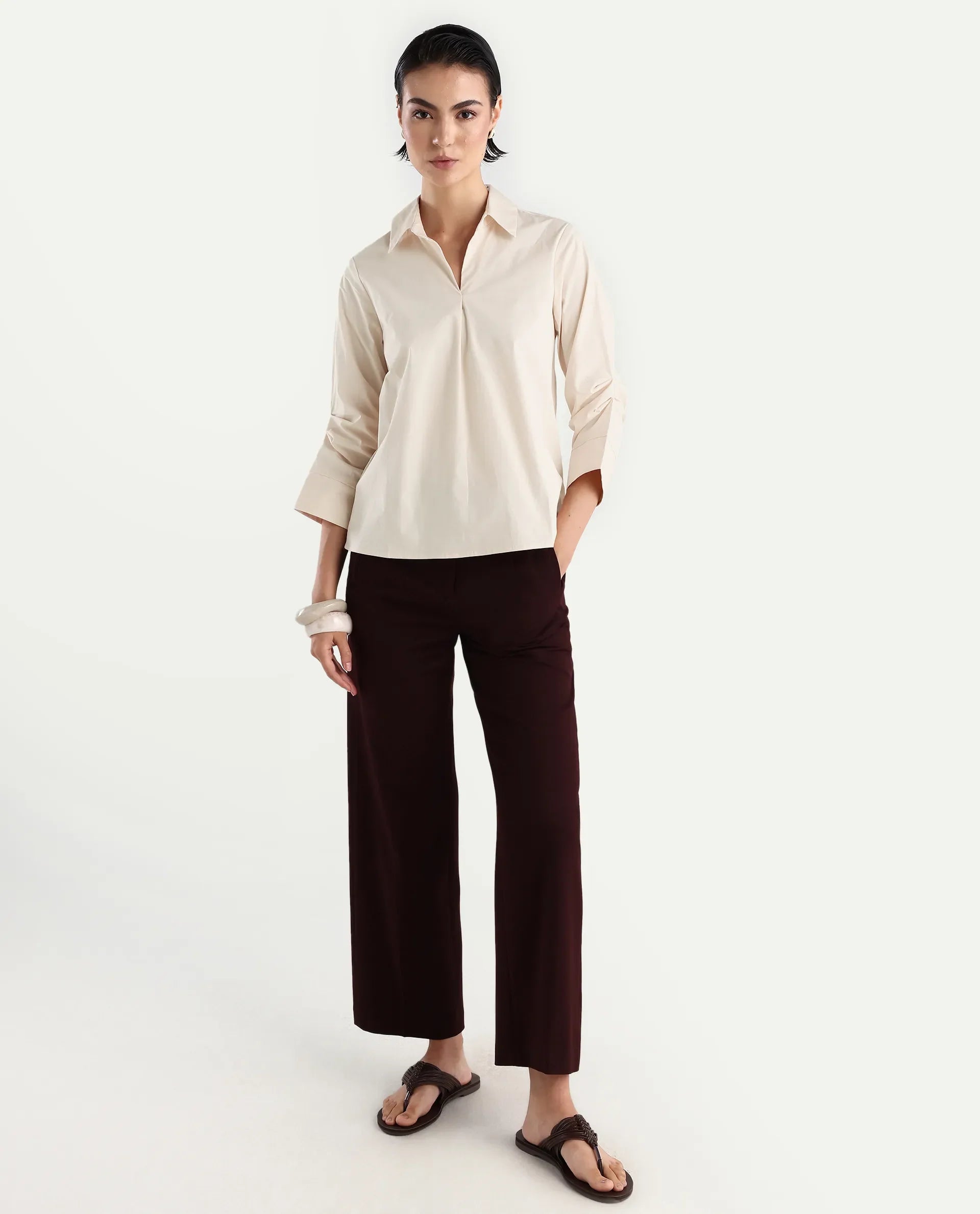 Rareism Women's Oilip Beige Cotton Blend V-Neck Plain Slit Sleeve Regular Fit Top