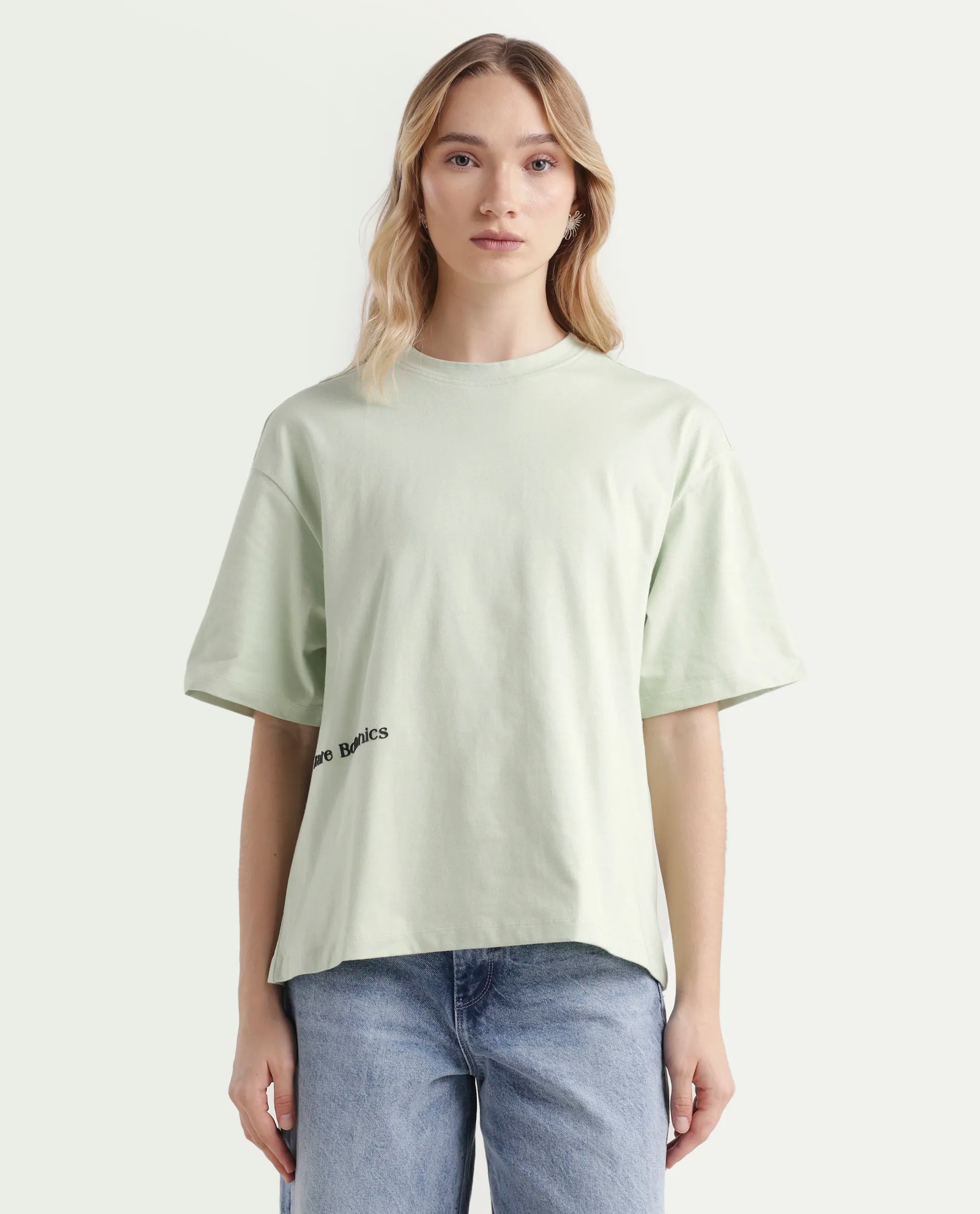 Rareism Women's Olaf Pastel Cotton Crew Neck Graphic Print Relaxed Fit T-Shirt