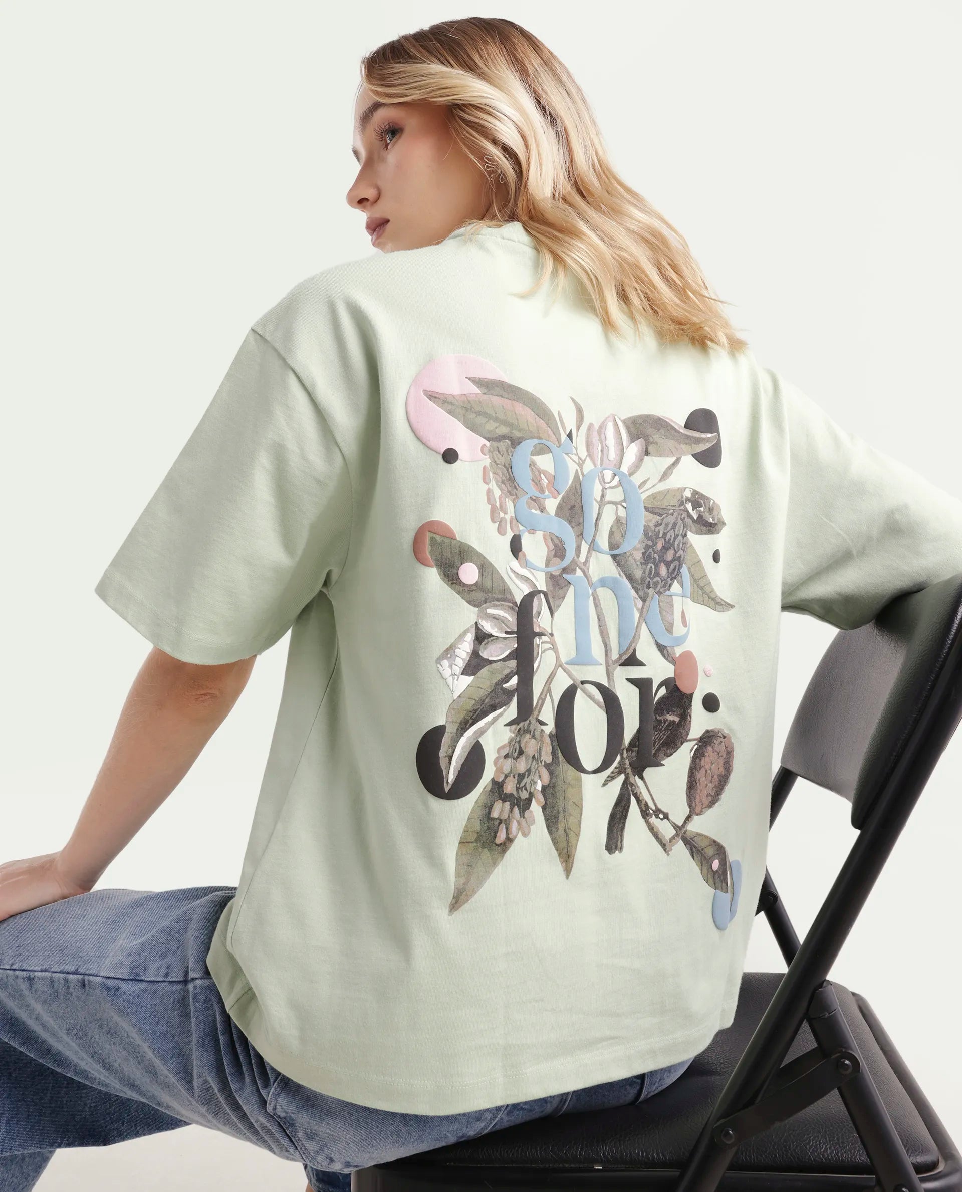 Rareism Women's Olaf Pastel Cotton Crew Neck Graphic Print Relaxed Fit T-Shirt