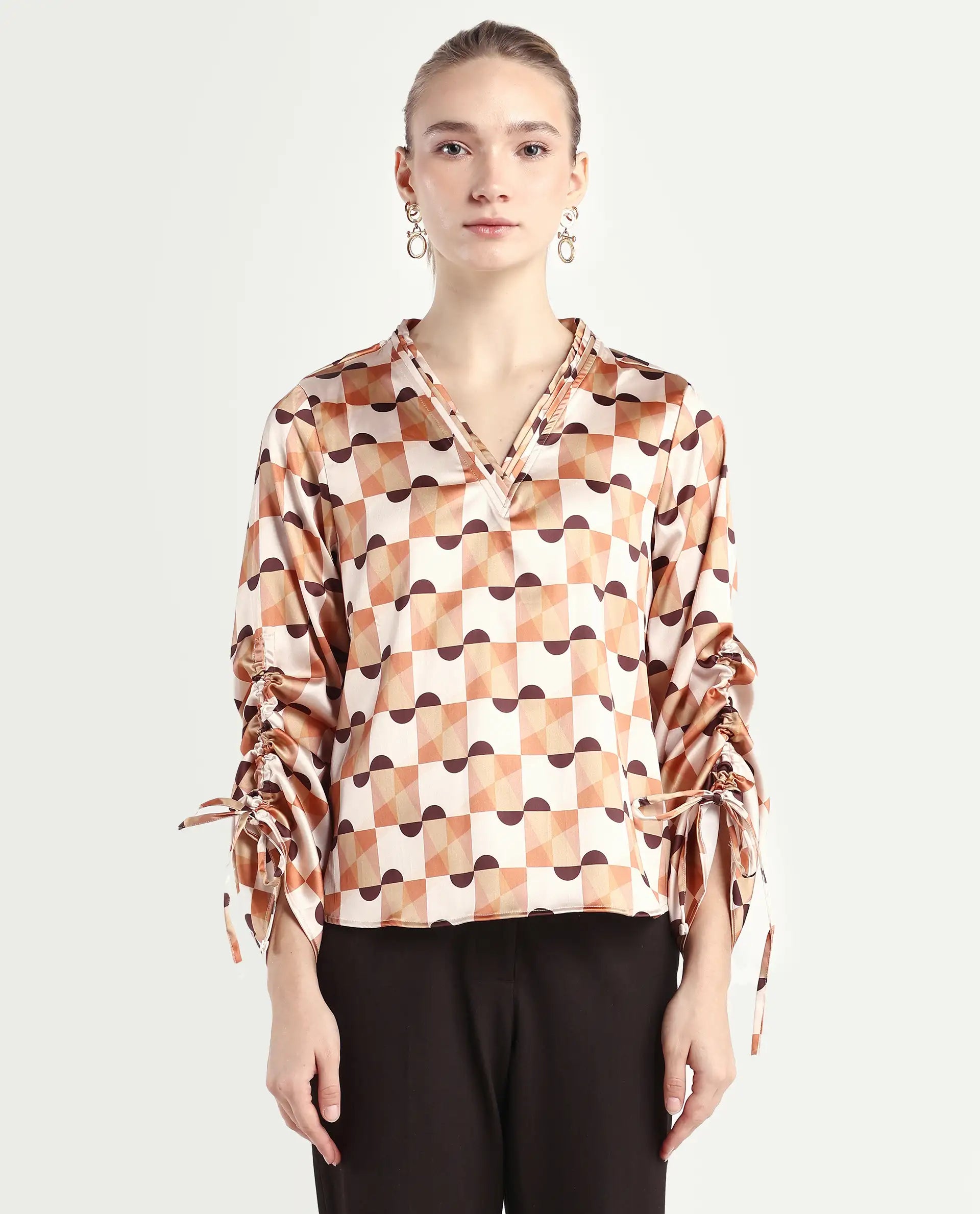Rareism Women's Olbia Light Multi Polyester V-Neck Geometric Print Gathered Sleeve Regular Fit Top
