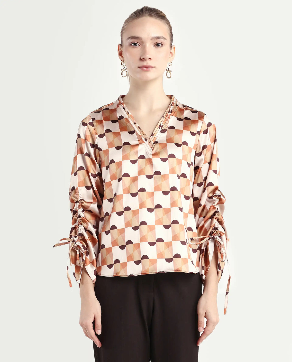 Rareism Women's Olbia Light Multi Polyester V-Neck Geometric Print Gathered Sleeve Regular Fit Top