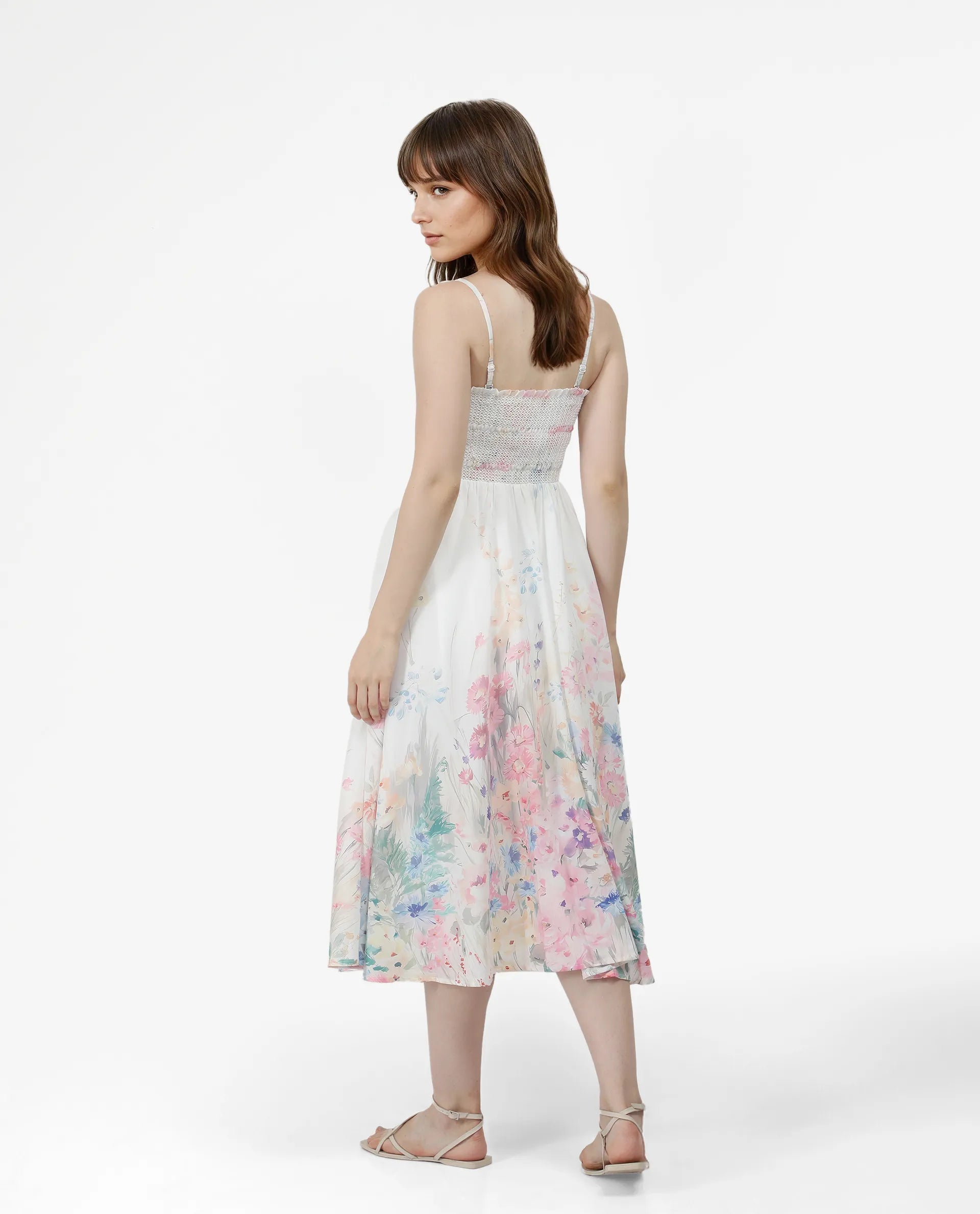Rareism Women's Epsem Multi Polyester Blend Tube Neck Floral Print Sleeveless Midi Fit And Flare Dress