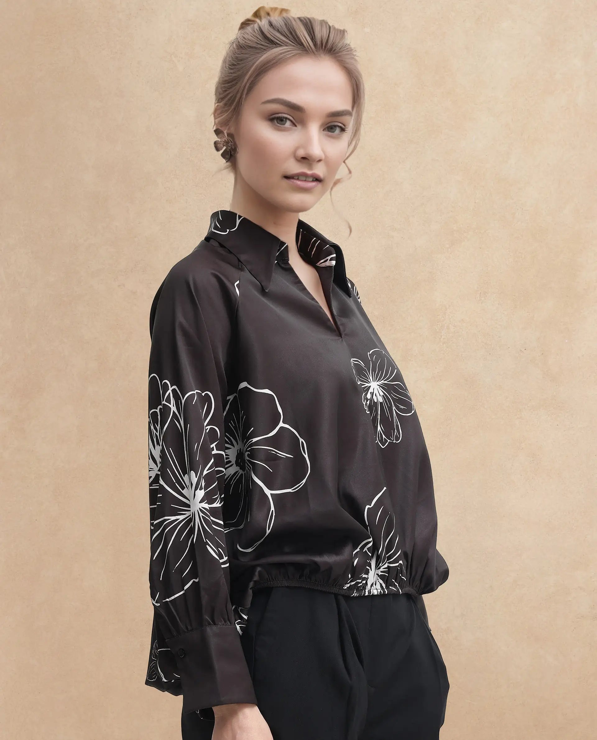 Rareism Women's Olin Sc Dark Brown Satin Drop Collar Floral Print Raglan Sleeve Regular Fit Top