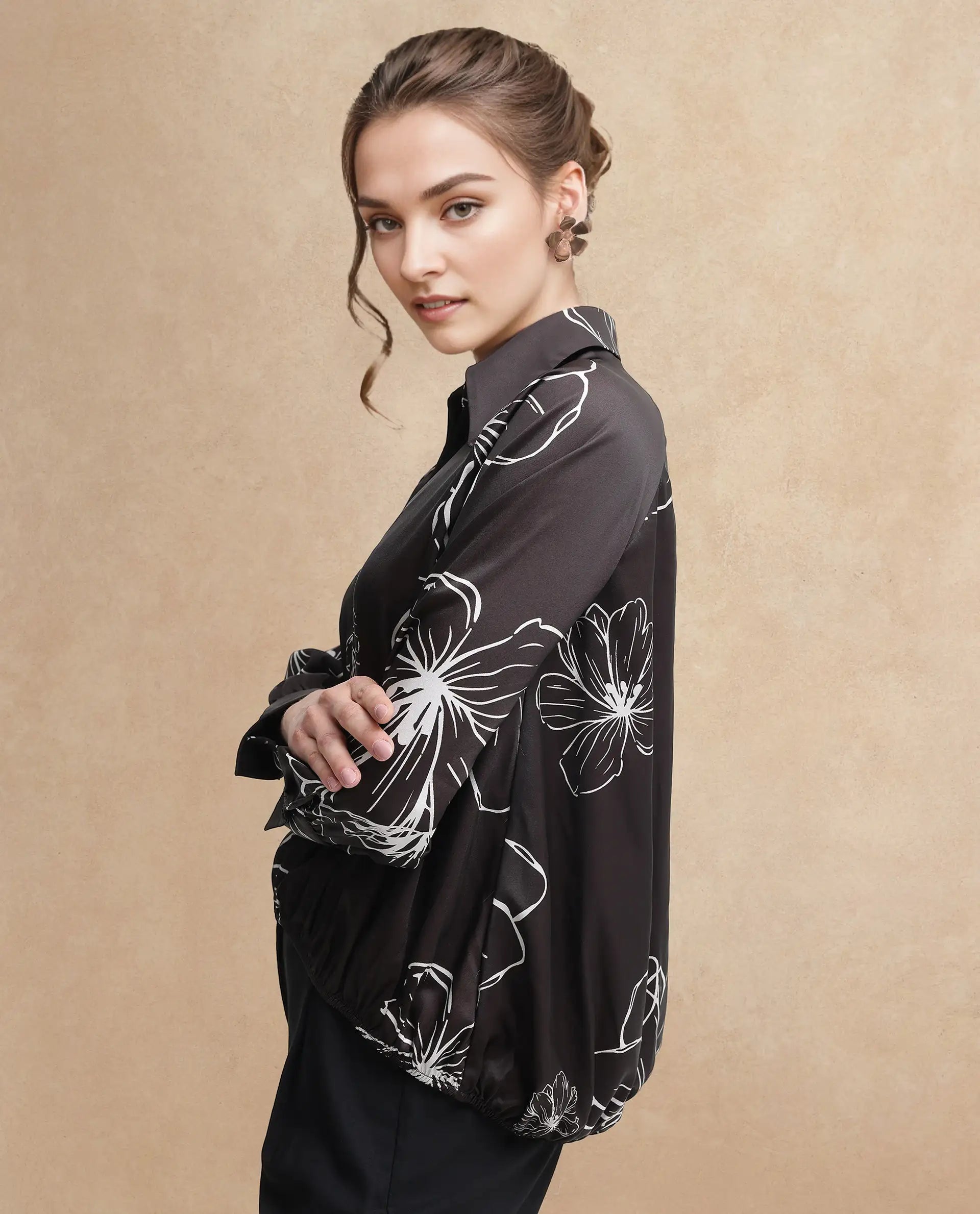 Rareism Women's Olin Sc Dark Brown Satin Drop Collar Floral Print Raglan Sleeve Regular Fit Top