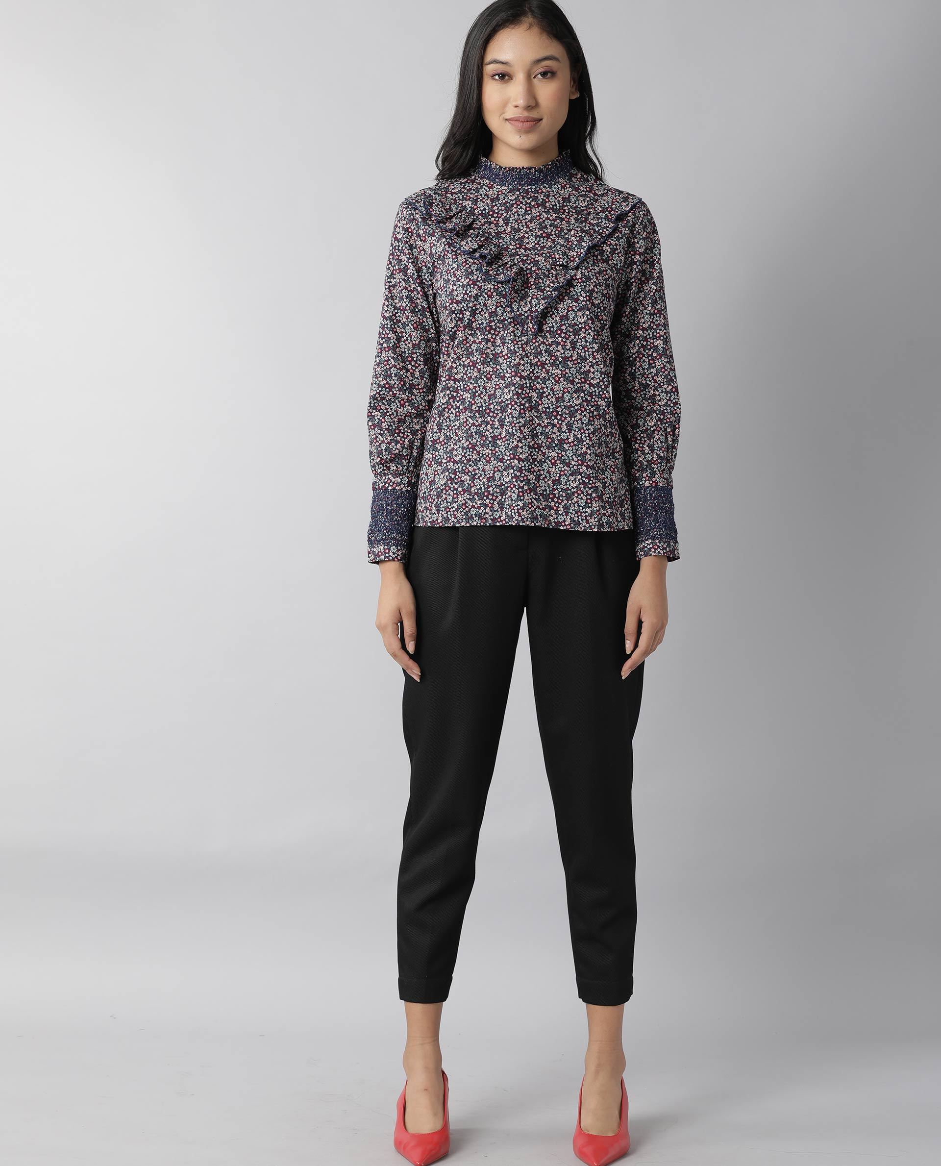 Rareism Women Oliver Navy Top Full Sleeves Printed