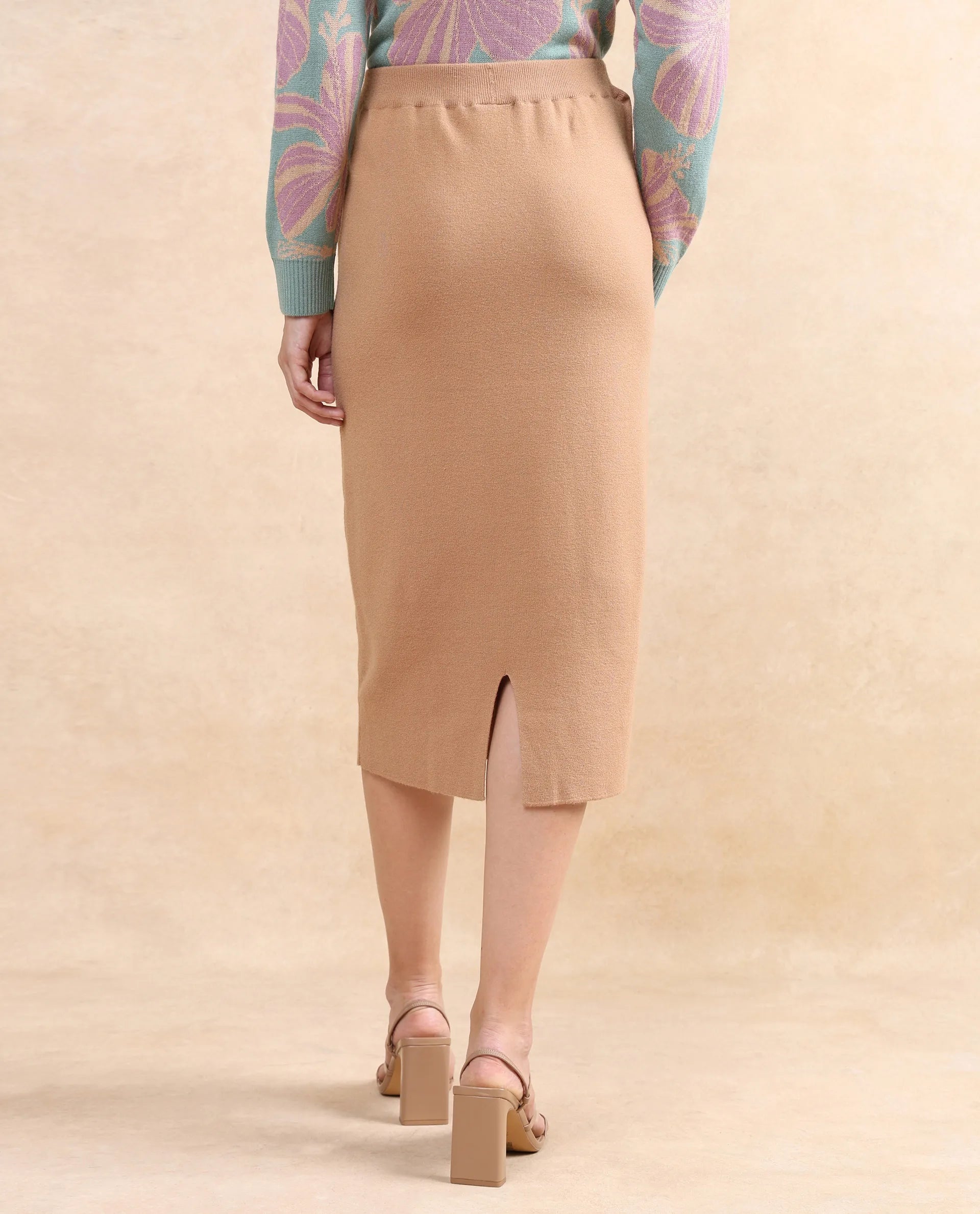 Rareism Women's Omerli S Beige Viscose Plain Midi Relaxed Fit Skirt