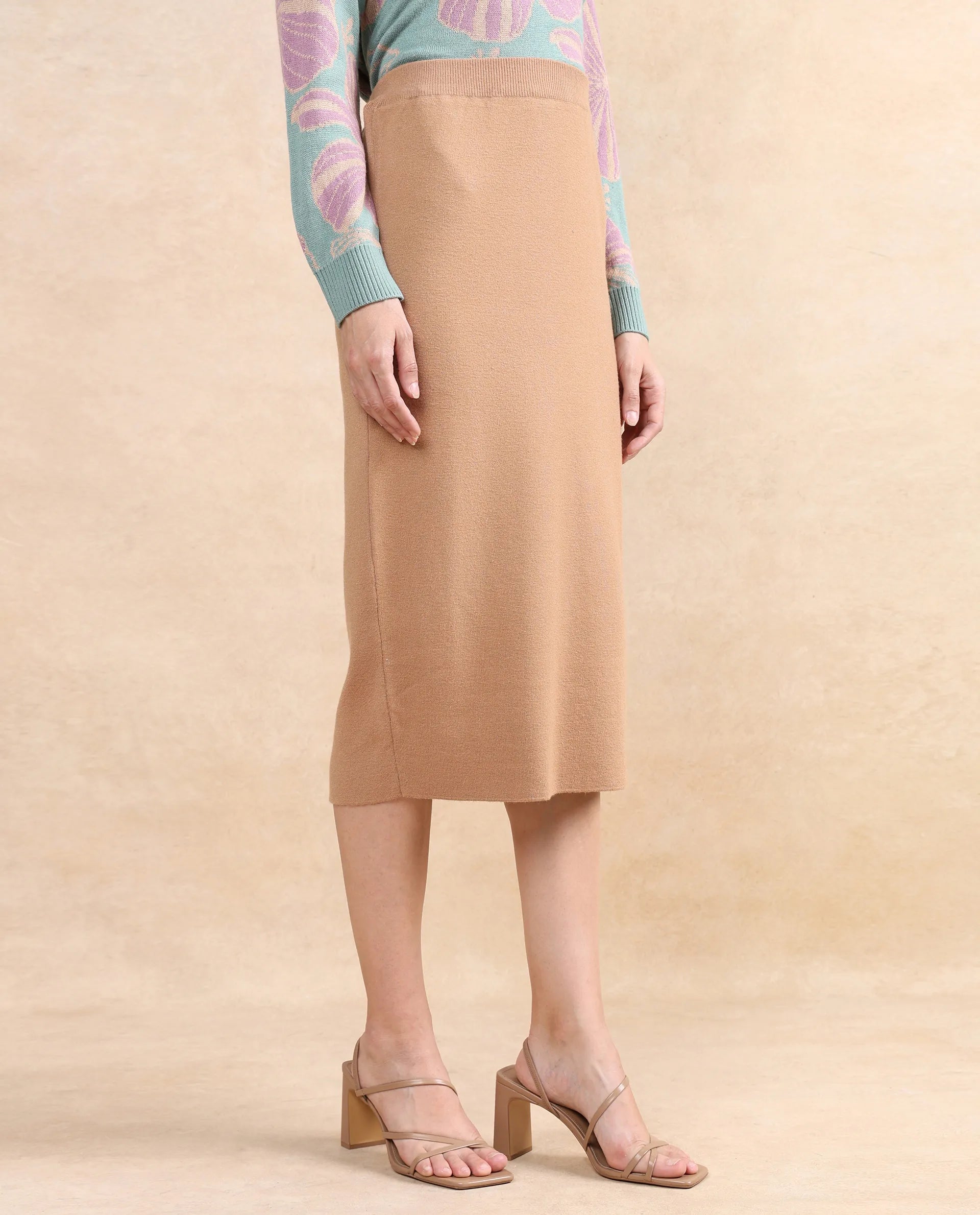 Rareism Women's Omerli S Beige Viscose Plain Midi Relaxed Fit Skirt