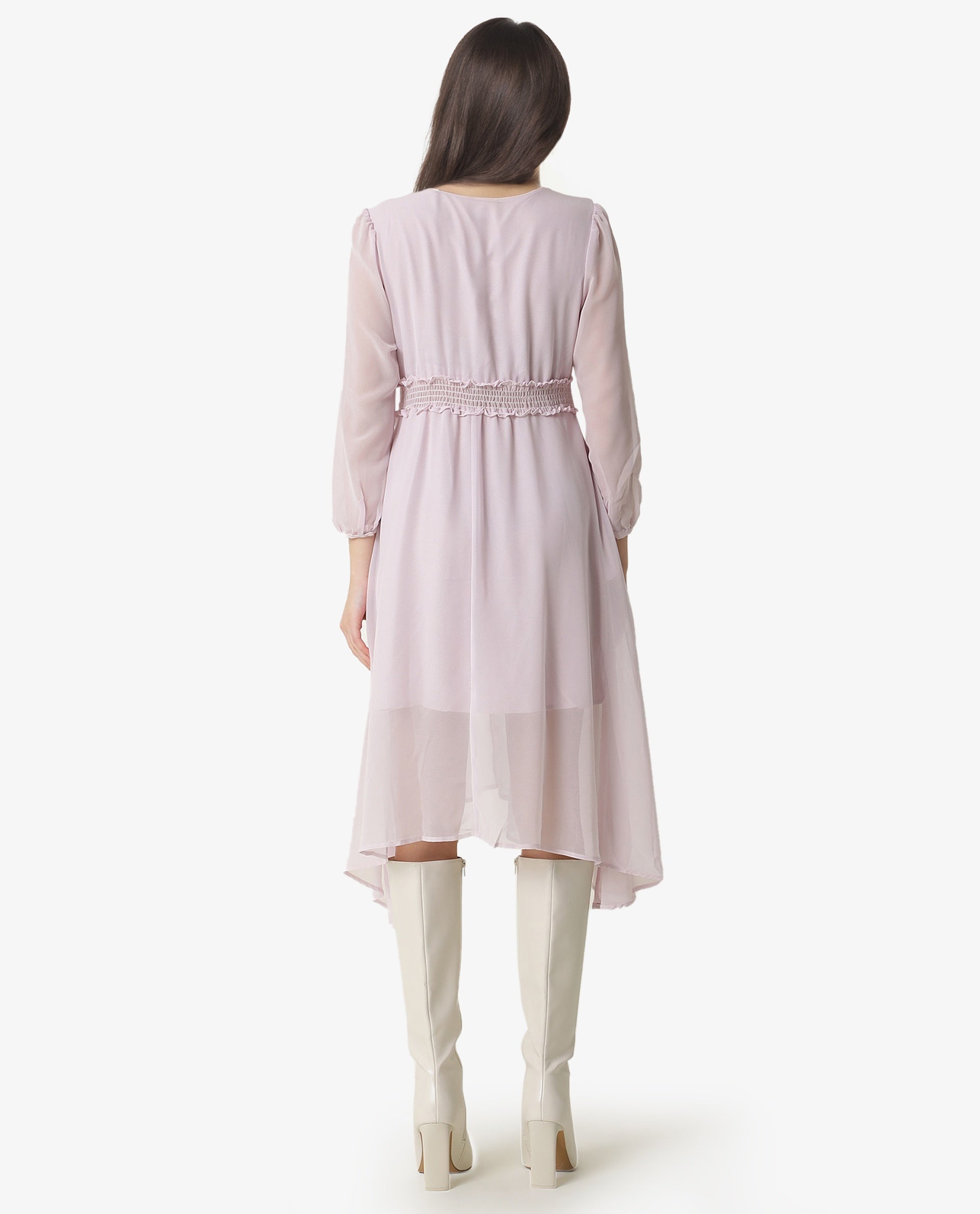 Rareism Women's Ommet Purple Polyester Tie-Up Neck Plain Knee Length Regular Fit Dress