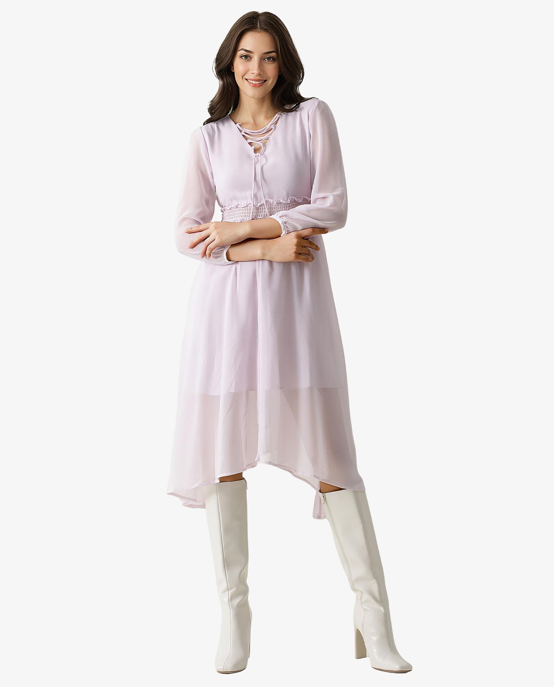 Rareism Women Ommet Purple V Neck Criss Cross Tie Up Neckline Full Sleeve Smocked Waist Panel Asymmetric Knee Length Dress