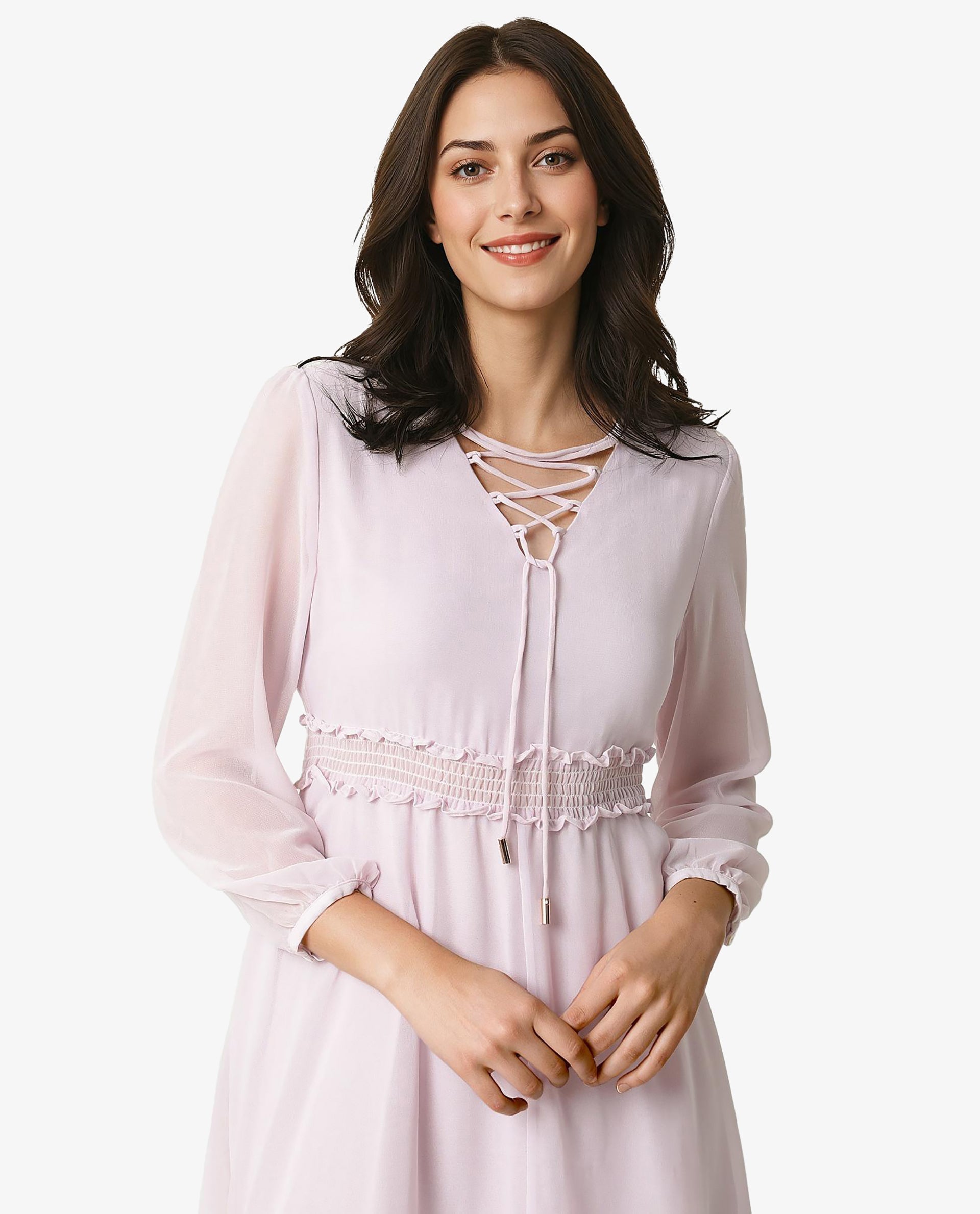 Rareism Women's Ommet Purple Polyester Tie-Up Neck Plain Knee Length Regular Fit Dress