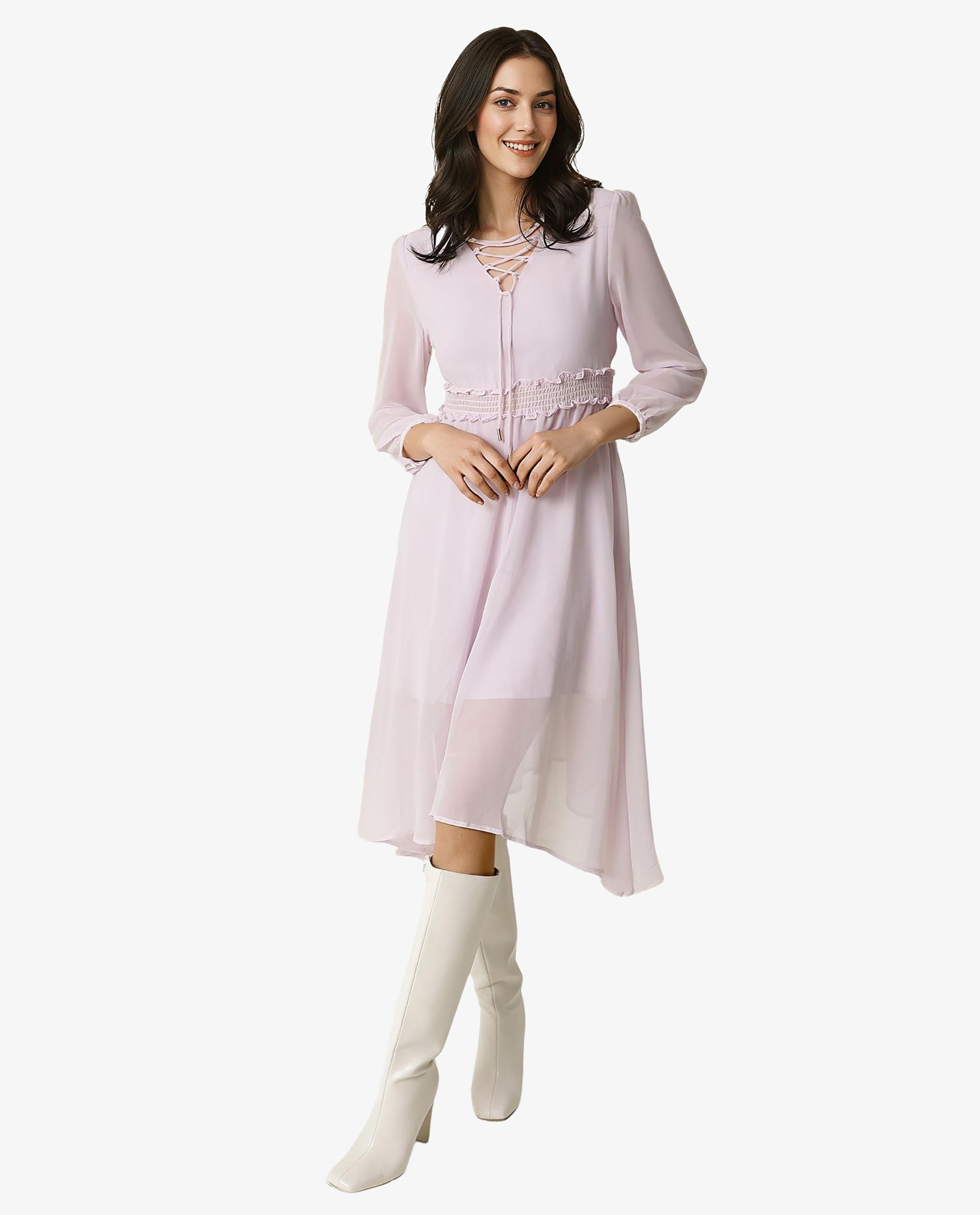 Rareism Women's Ommet Purple Polyester Tie-Up Neck Plain Knee Length Regular Fit Dress