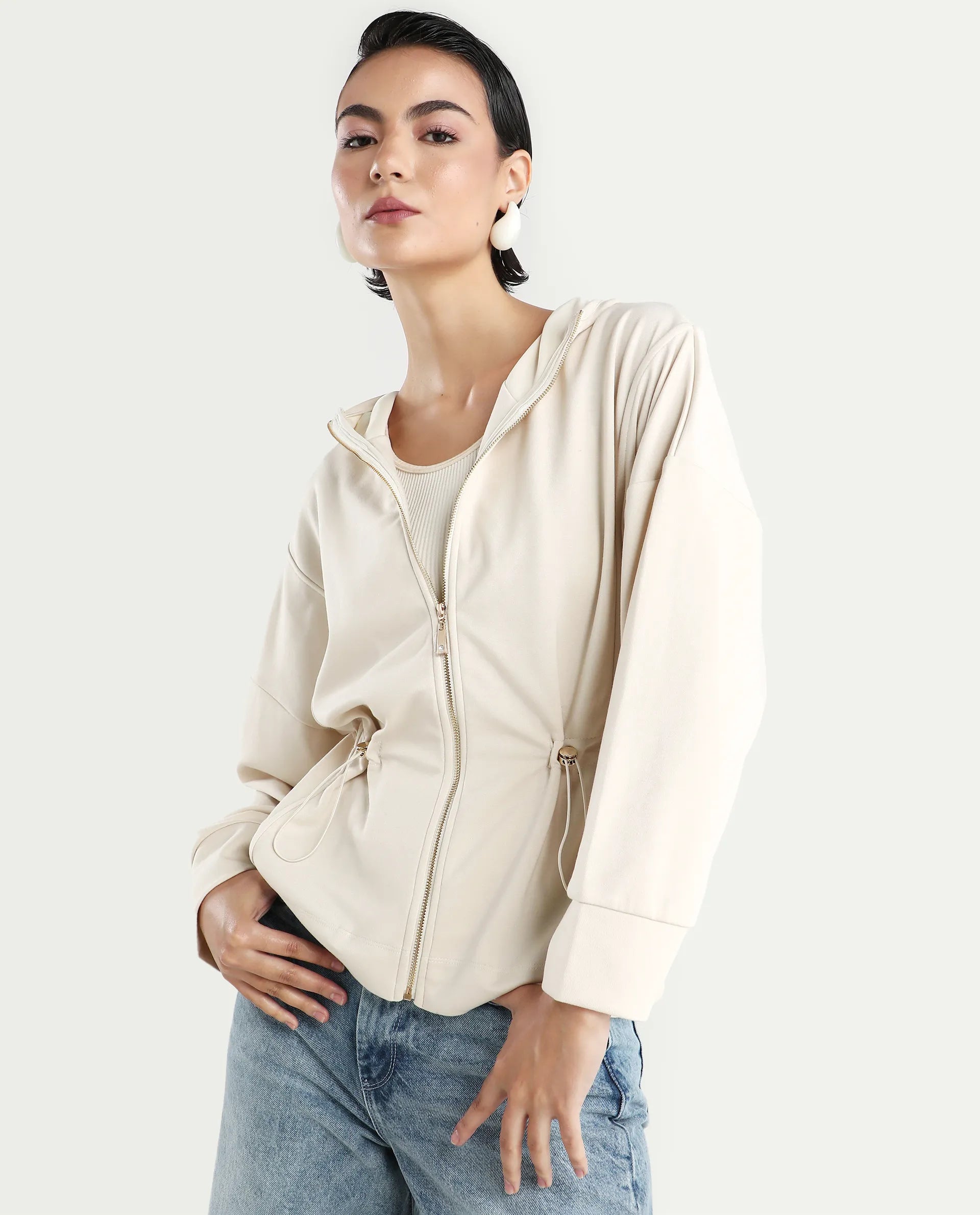 Rareism Women's Onerler Off White Modal Blend Hooded Plain Relaxed Fit Sweatshirt